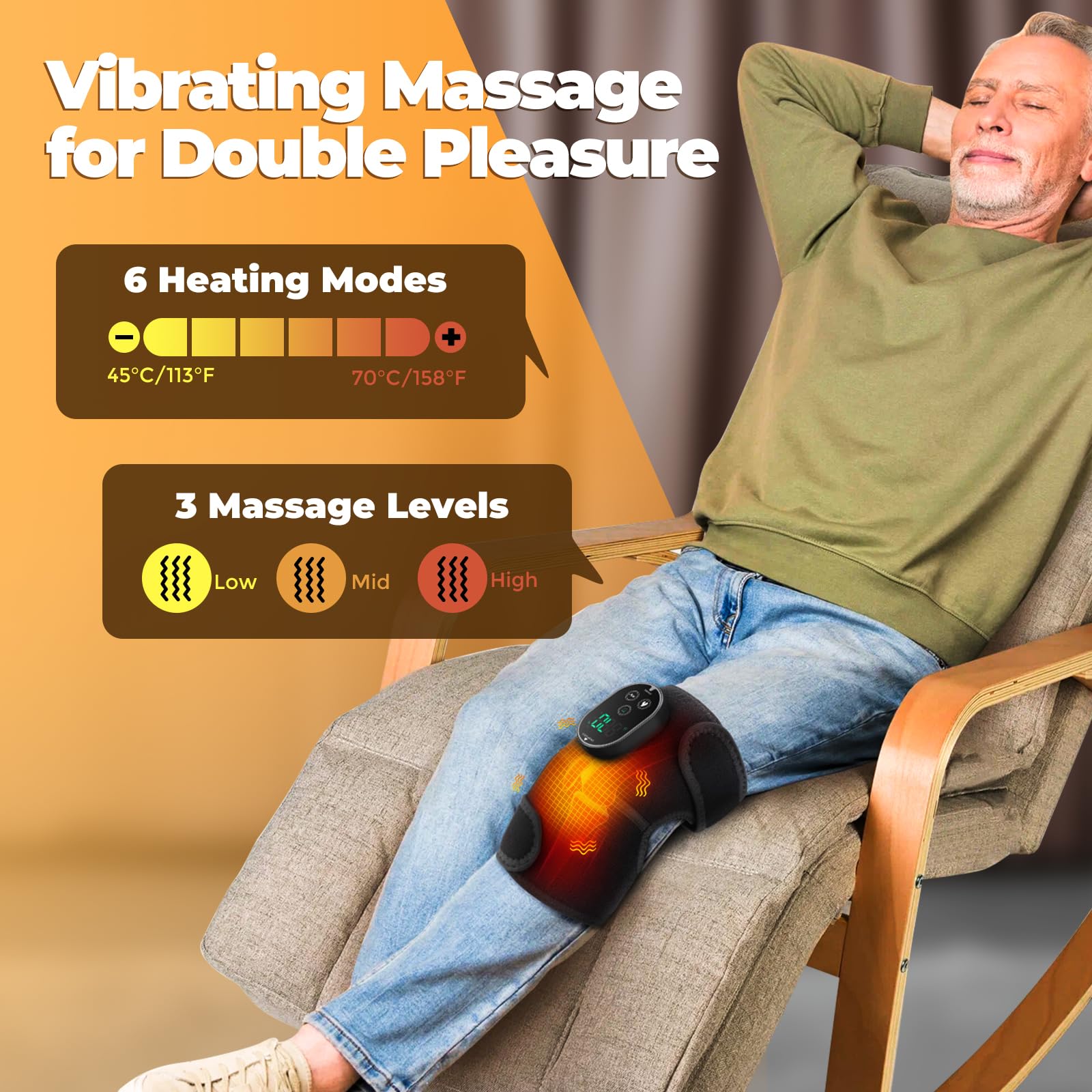 Kabelloses beheiztes Kniemassagegerät, Beheizte Kniebandage Wrap Knie mit Vibration, Knieheizkissen für Schulter Ellenbogen, Wärmekissen für Knie mit 6 Heizstufen, 3 Massagemodi & Timer