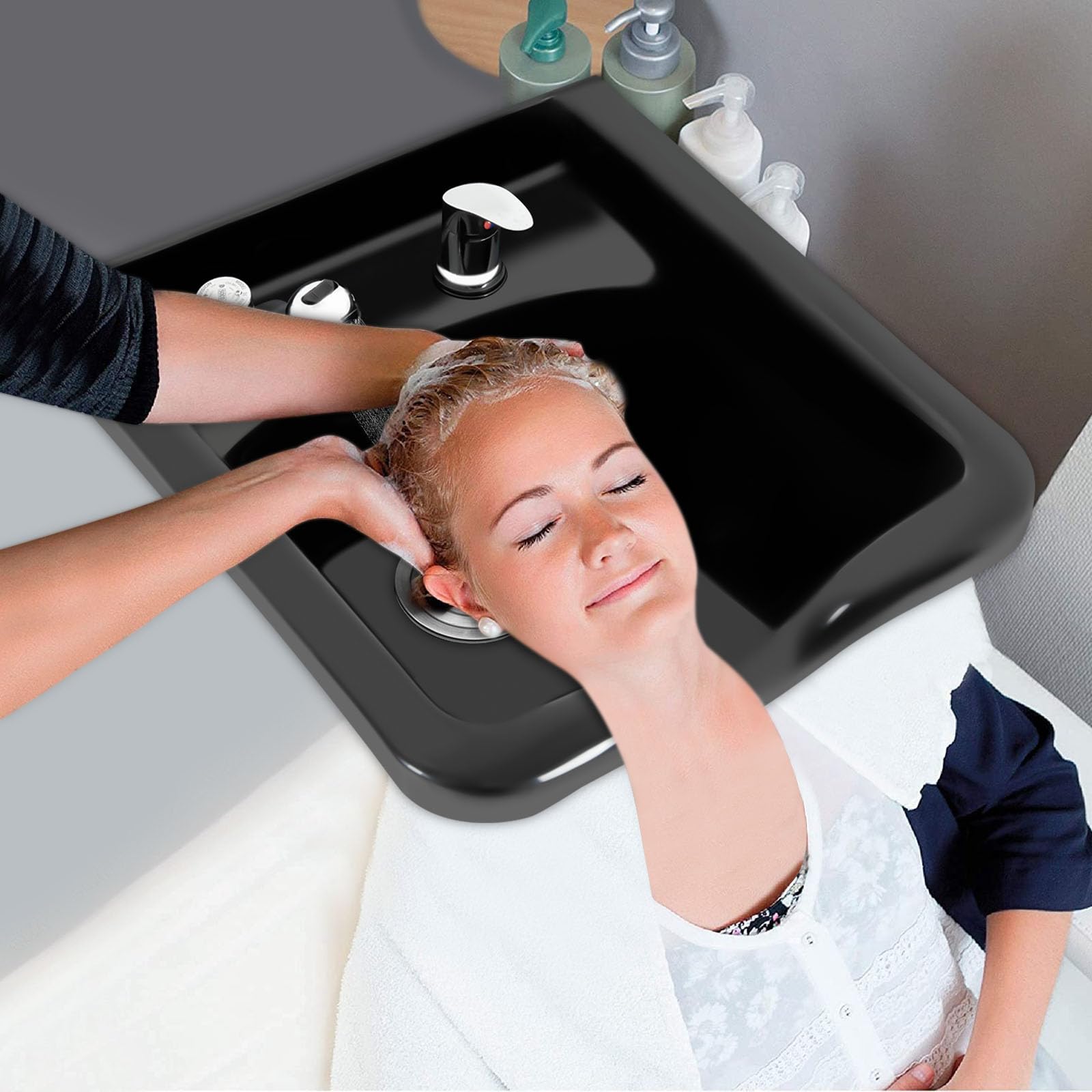 Haarwaschbecken, Mobiles Shampoo Becken mit Wasserhähne und Schläuche, Wandmontierte Waschbecken mit Halterung, Haare Waschen becken für Zuhause, Schwarz