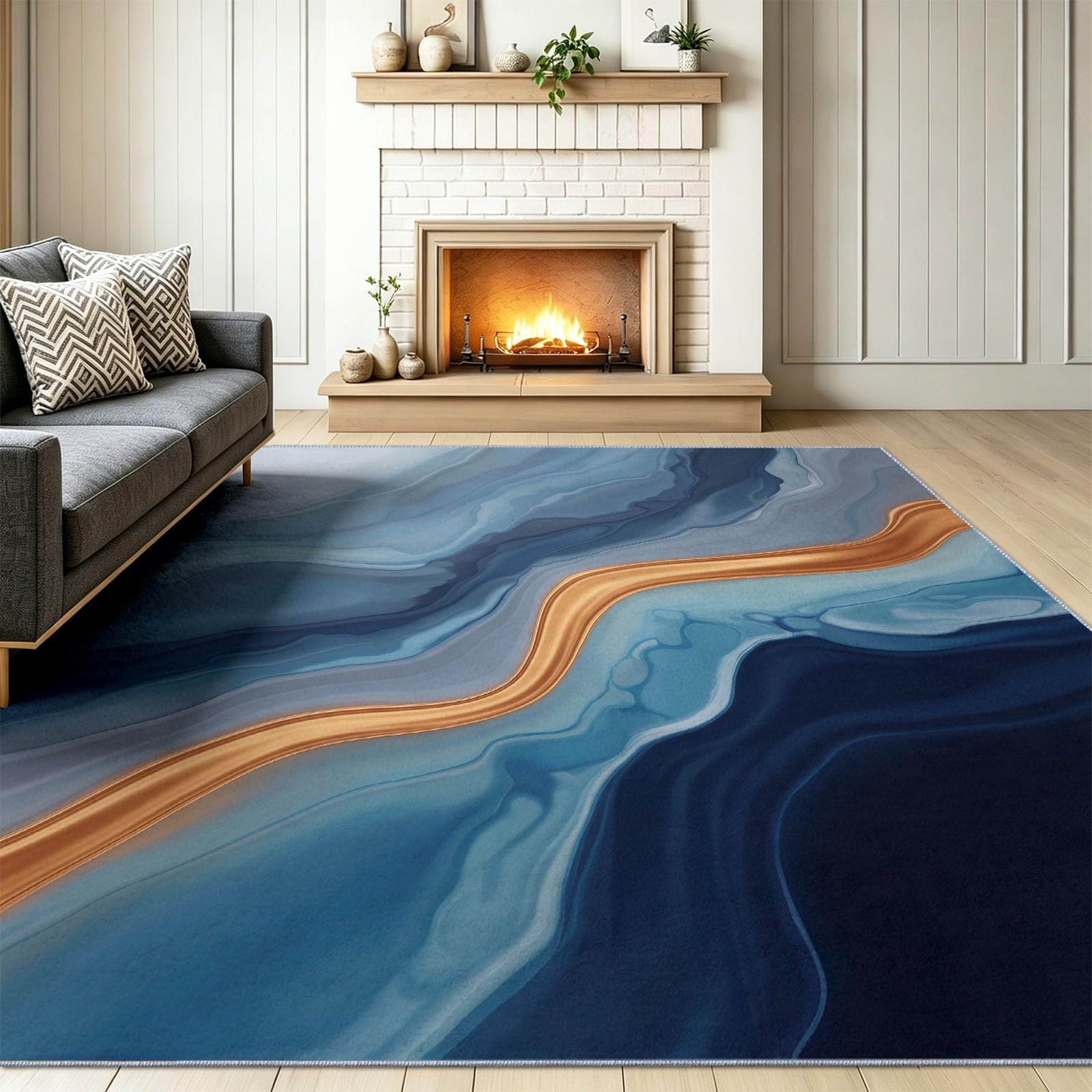 Tapis D'Appoint Abstrait Rayures 120 x 180 cm, Doux Lavables Antidérapant Enfants Adultes, Bleu Moderne Décoratif Tapis pour Salon Chambre Jeux