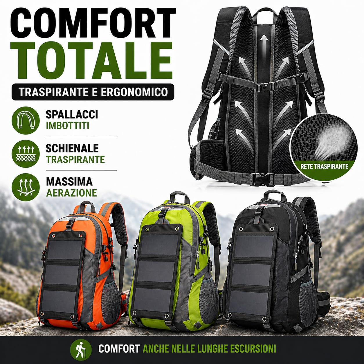 Zaino con Pannello Solare 20W USB 5V - Zaino Trekking da 40 Litri Impermeabile per Escursionismo, Alpinismo, Campeggio - Spallacci e Schienale Imbottiti, Antistrappo e Multifunzionale