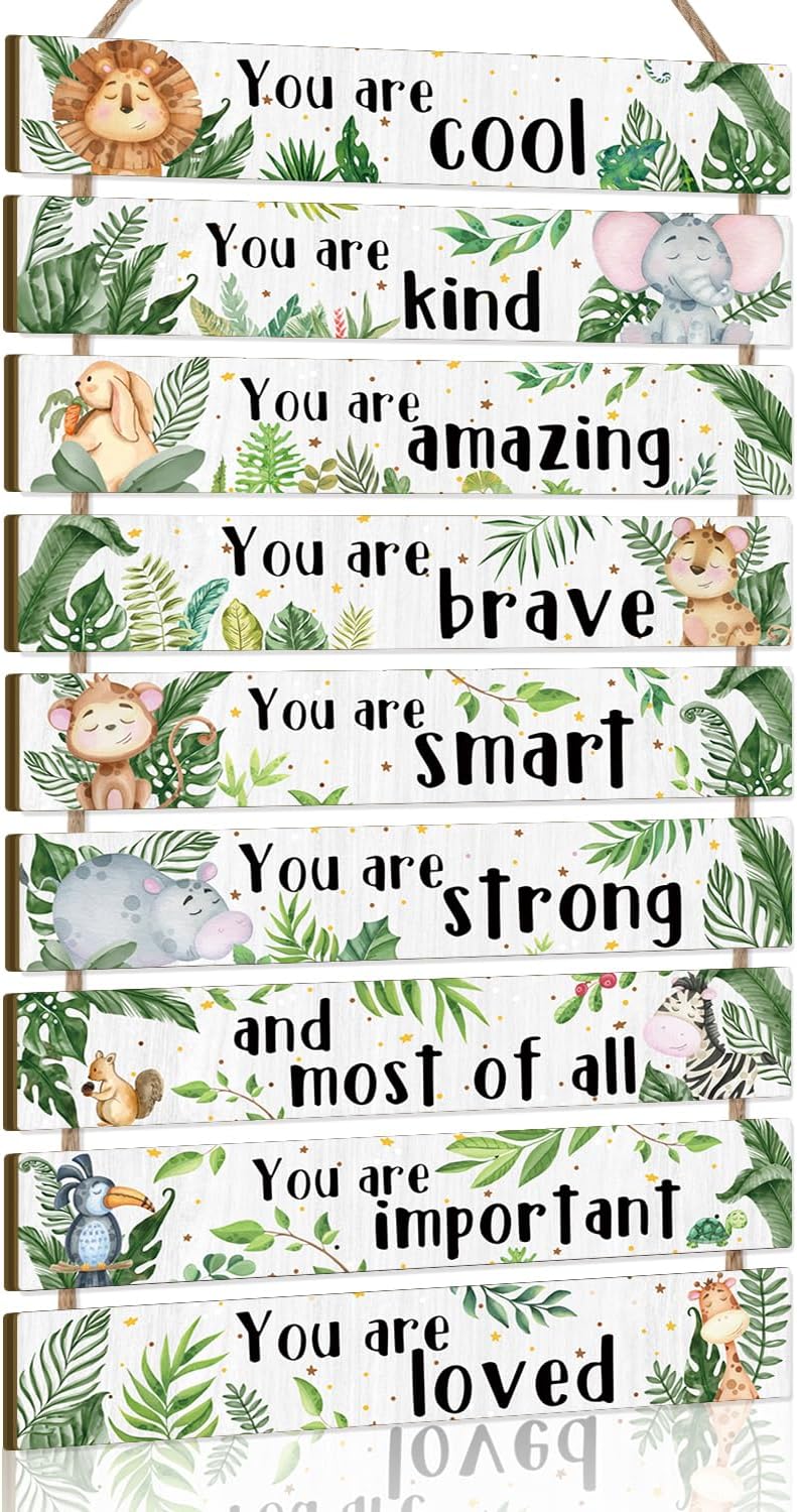 KAIRNE Jungle Animals Hanging Sign, Inspirational Phrases Wall Art for Nursery, Woodland Animals Wooden Sign for Kids Bedroom, Motivational Quotes Wall Plaque