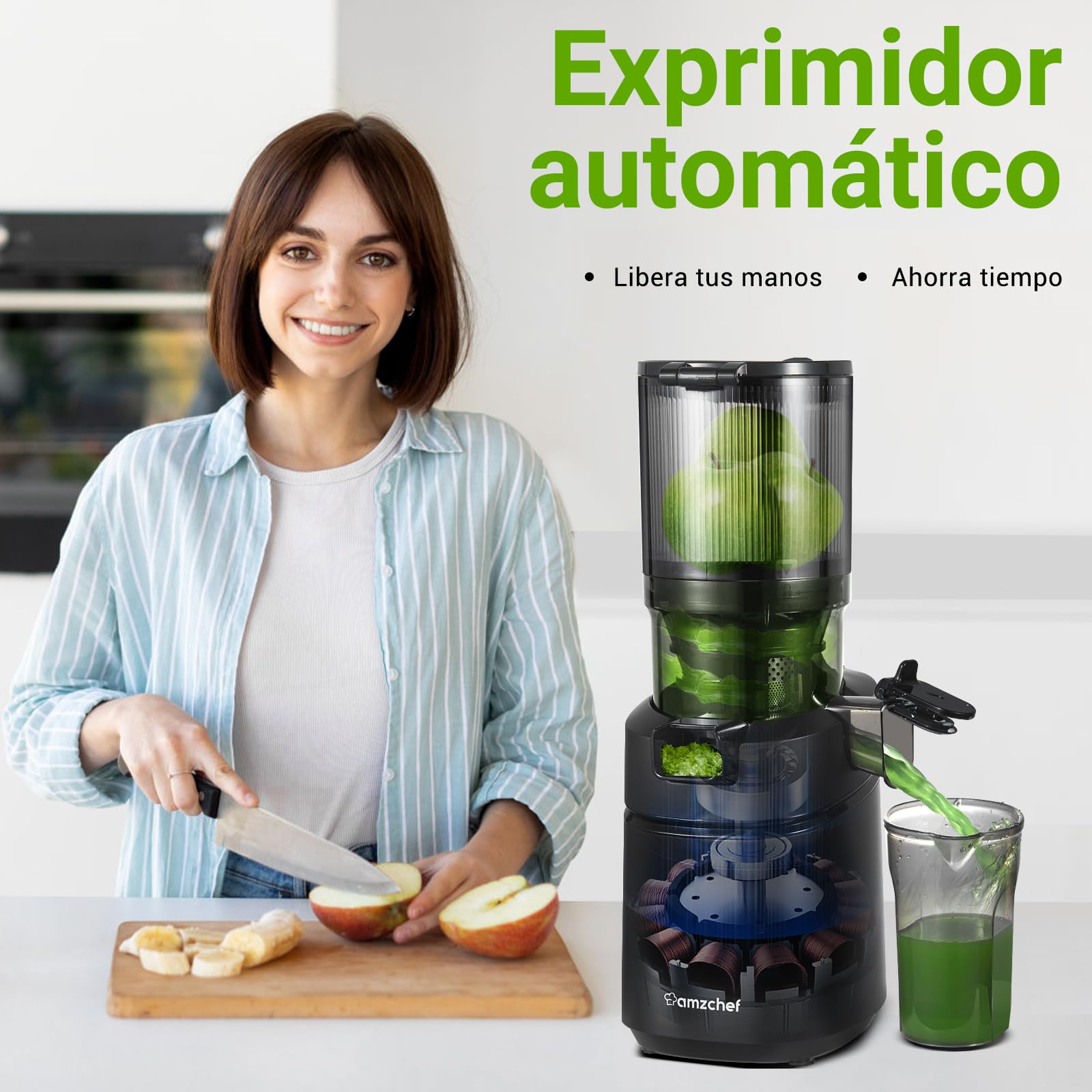 AMZCHEF Extractor de Zumos y Verduras Automático, 135MM Apertura y 1.8L Capacidad Licuadora para Verduras y Frutas Entera, 250W Licuadora Prensado en Frio Lento con Triple Filtro - Negro