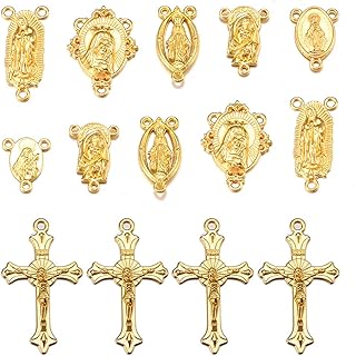 YionZian 84 Pcs/42Set Mixed Style Gold Alloy Oval Center Crucifix Cross Charms Pendants Mary Miraculous Medal Charm Links DIY Necklace Bracelets Earrings Jewelry Making