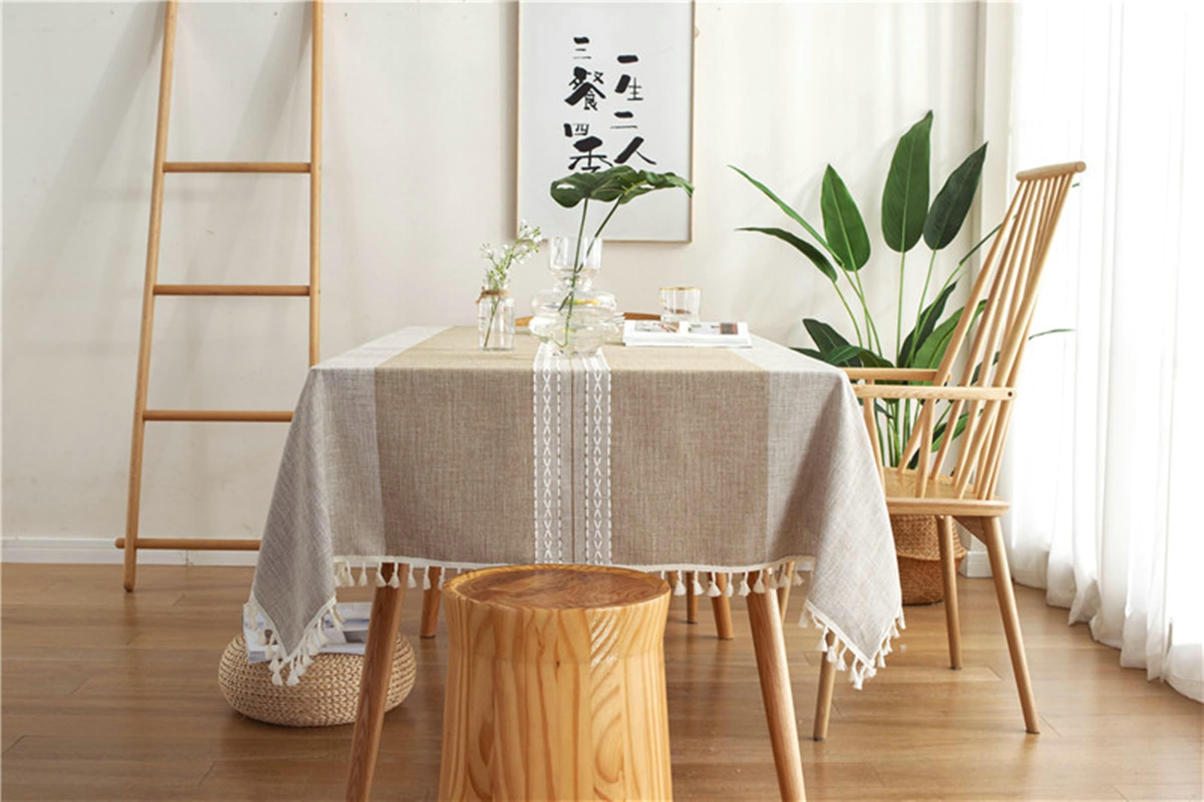 Gualiy Mantel de Cocina Rectangular, Poliéster Algodón Manteles Mesa de Cafe 140x100CM Mantel Antideslizante Cocina Rayas con Borlas Mantel para Mesa Salon, Caqui