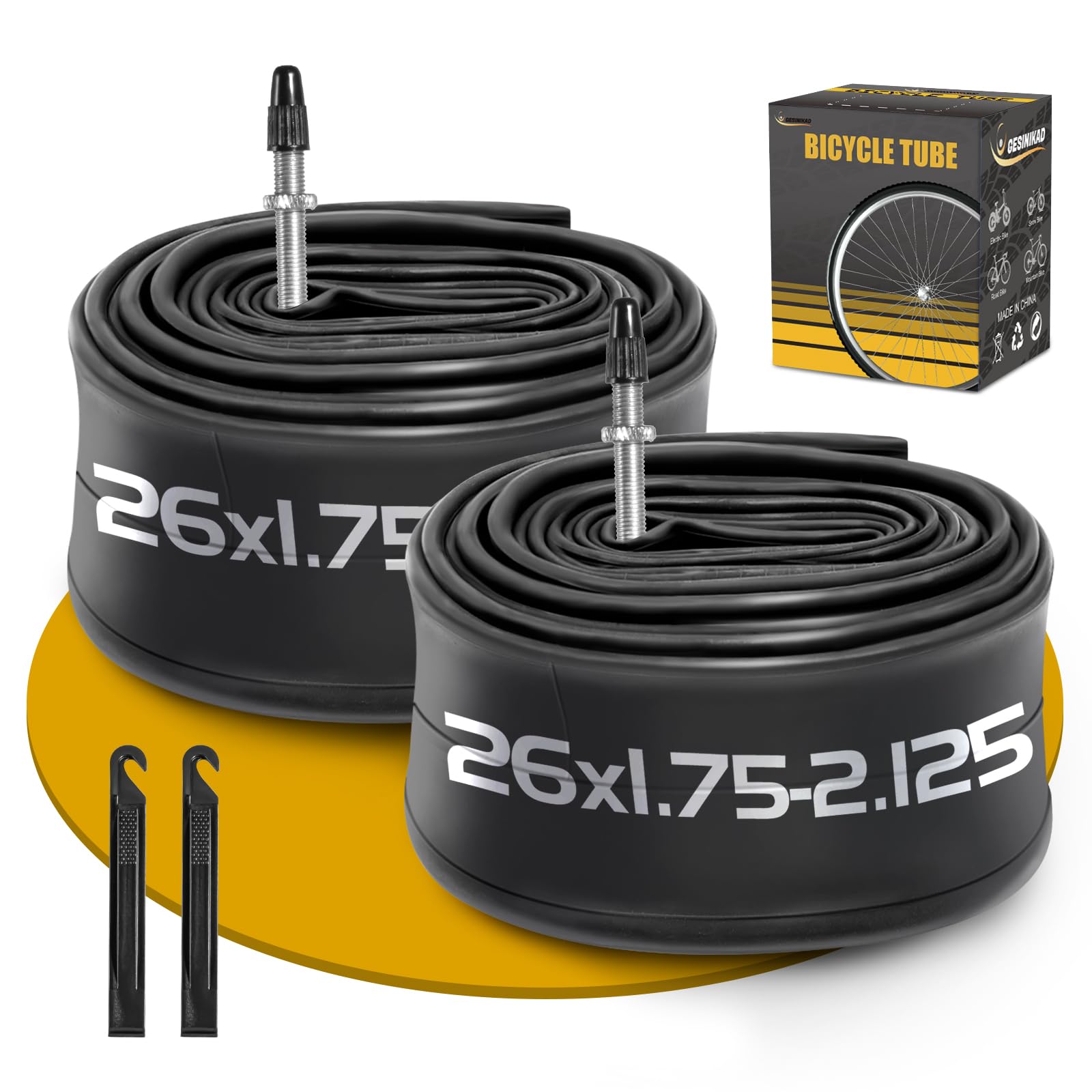 2 Pack 26 Inch Bike Tube FV48mm Presta Valve, 26" Bicycle Tube for 26 x 1.75/1.9/1.95/2.0/2.1/2.125 Bike Tire, Butyl Rubber Inner Tube with 2 Tire Levers for Mountain MTB Bike