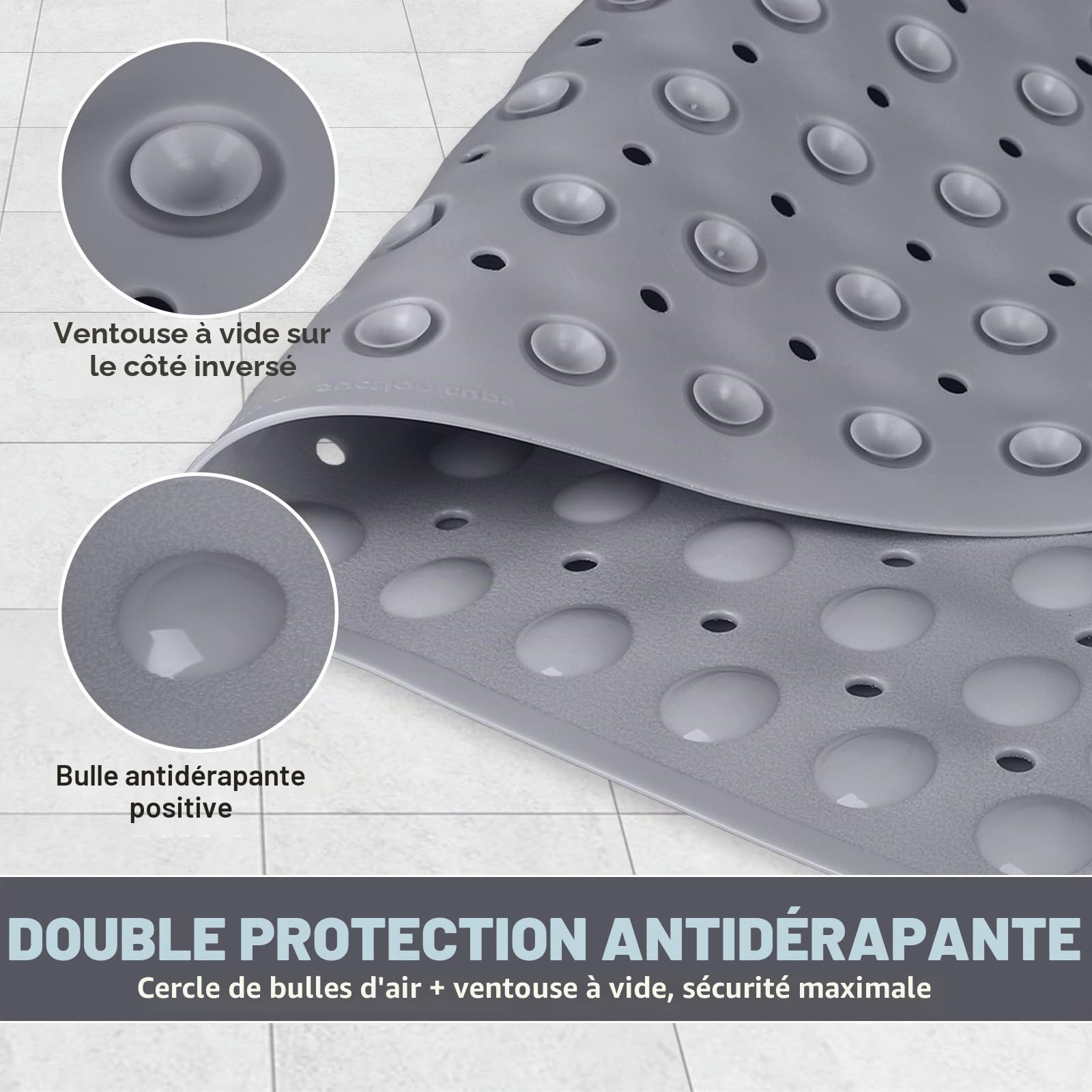 Tapis de Douche Antidérapant d'angle 70x70 cm Gris – Tapis de Bain en PVC avec Ventouses Puissantes et Trous de Drainage, Séchage Rapide, Anti-moisissure, Design Moderne, Lavable en Machine
