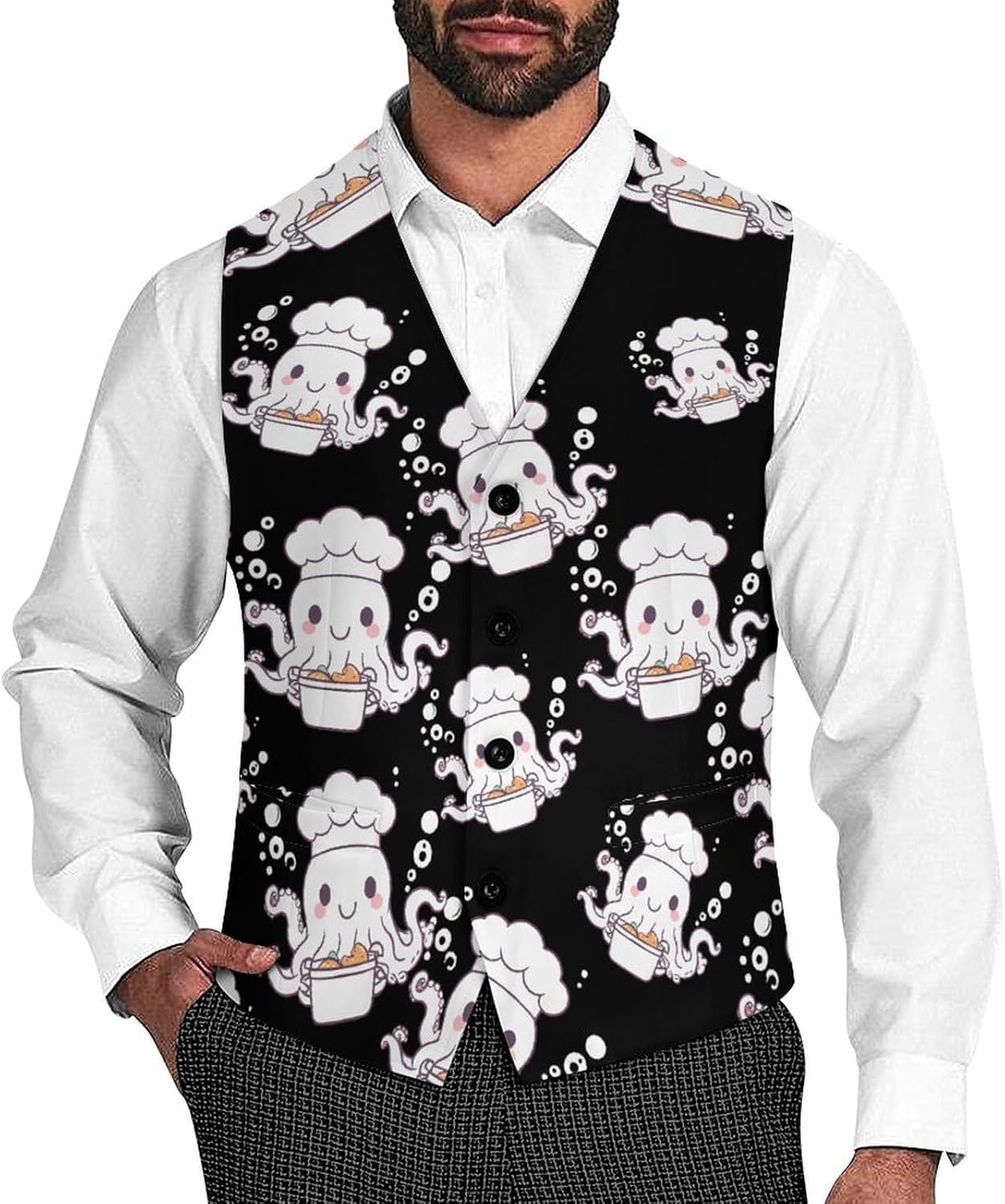 Chef Octopus With A Pan Mens Suit Vests V-Neck Casual Vest Dress Formal Tuxedo Wedding Waistcoat