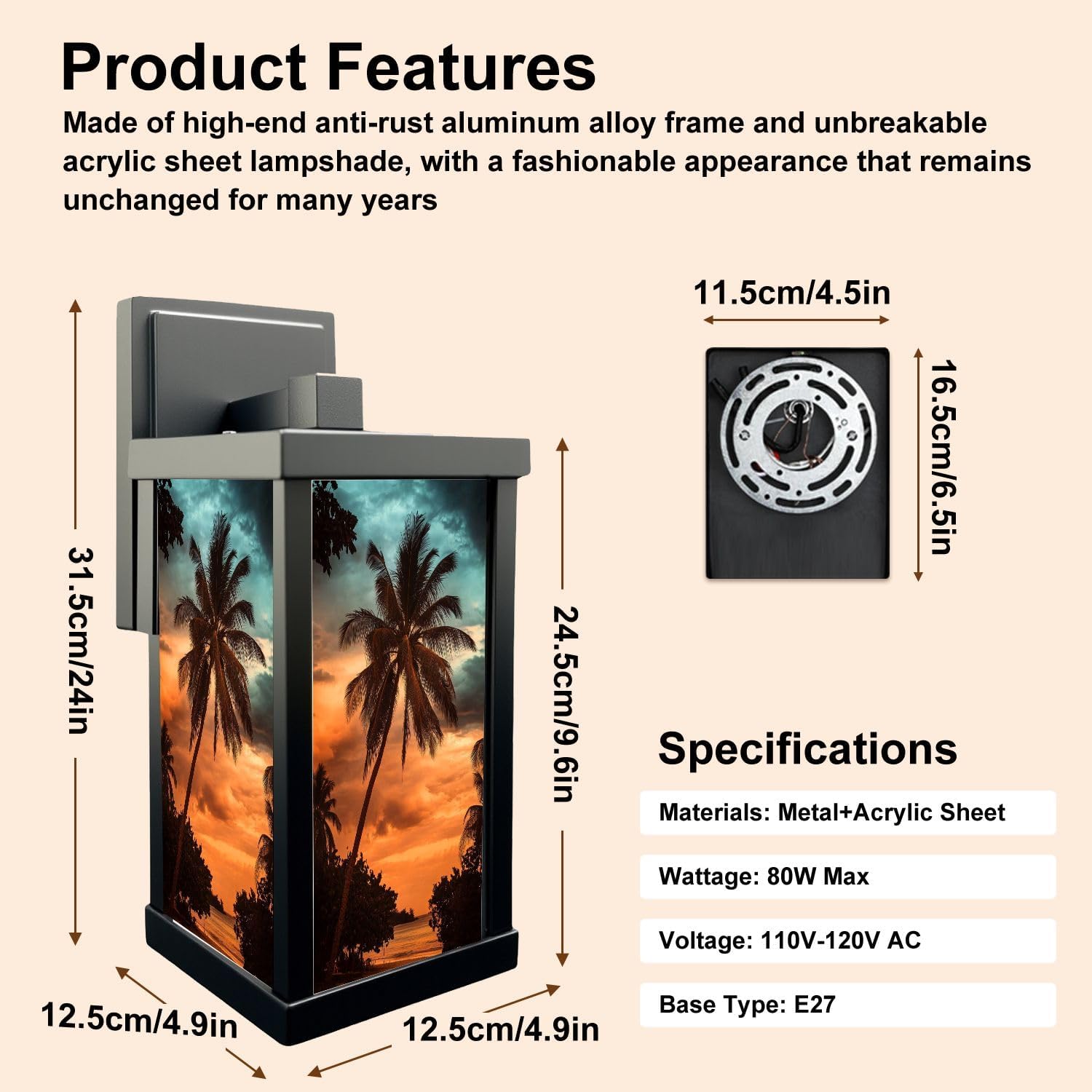 Outdoor Wall Lights Tropical Natural Landscape Palm Trees Fantastic Sunset Black Patio Light Fixture Waterproof Wall Sconce Lamp for Patio Deals Front Porch Decor Backyard Garage