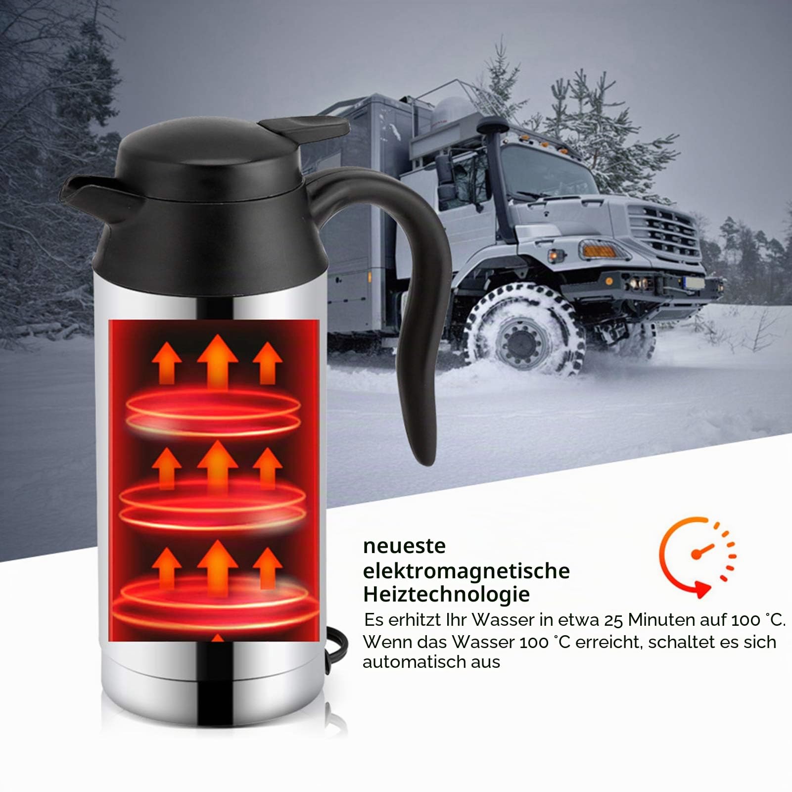 Elektrischer Wasserkocher für unterwegs, tragbar, 750 ml, 12 V, Wasserkocher für das Auto, aus Edelstahl, mit einem Heizbecher für das Auto, versiegelt, für heißes Wasser