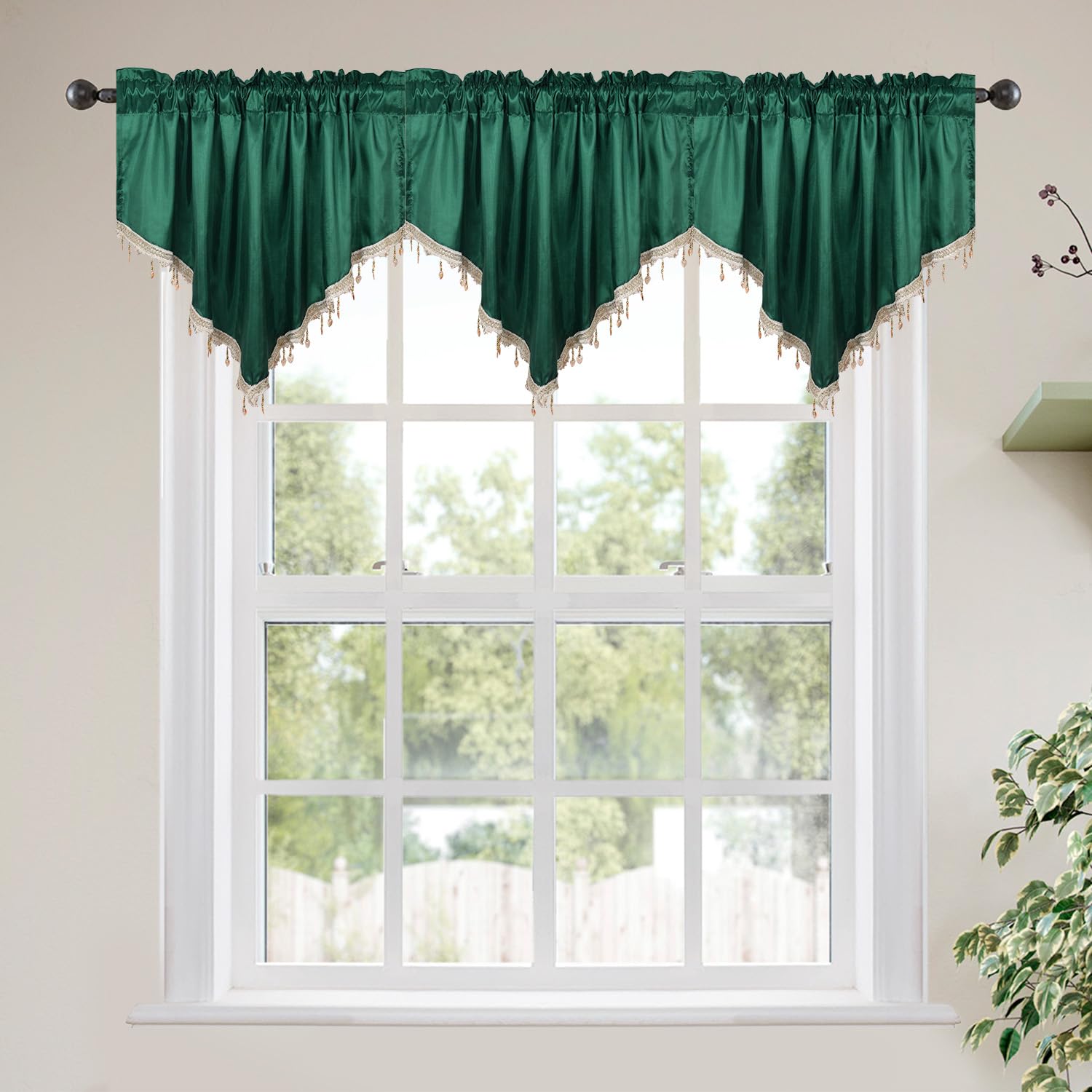 Molaxhome Valance Swag Curtain 51 Inch Scalloped Cloth Curtain Panels with Crystal Beads - Rod Pocket Farmhouse Window Treatment for Kitchen Bedroom 1pc Boho Chic Drape Decor 021Green — image 1