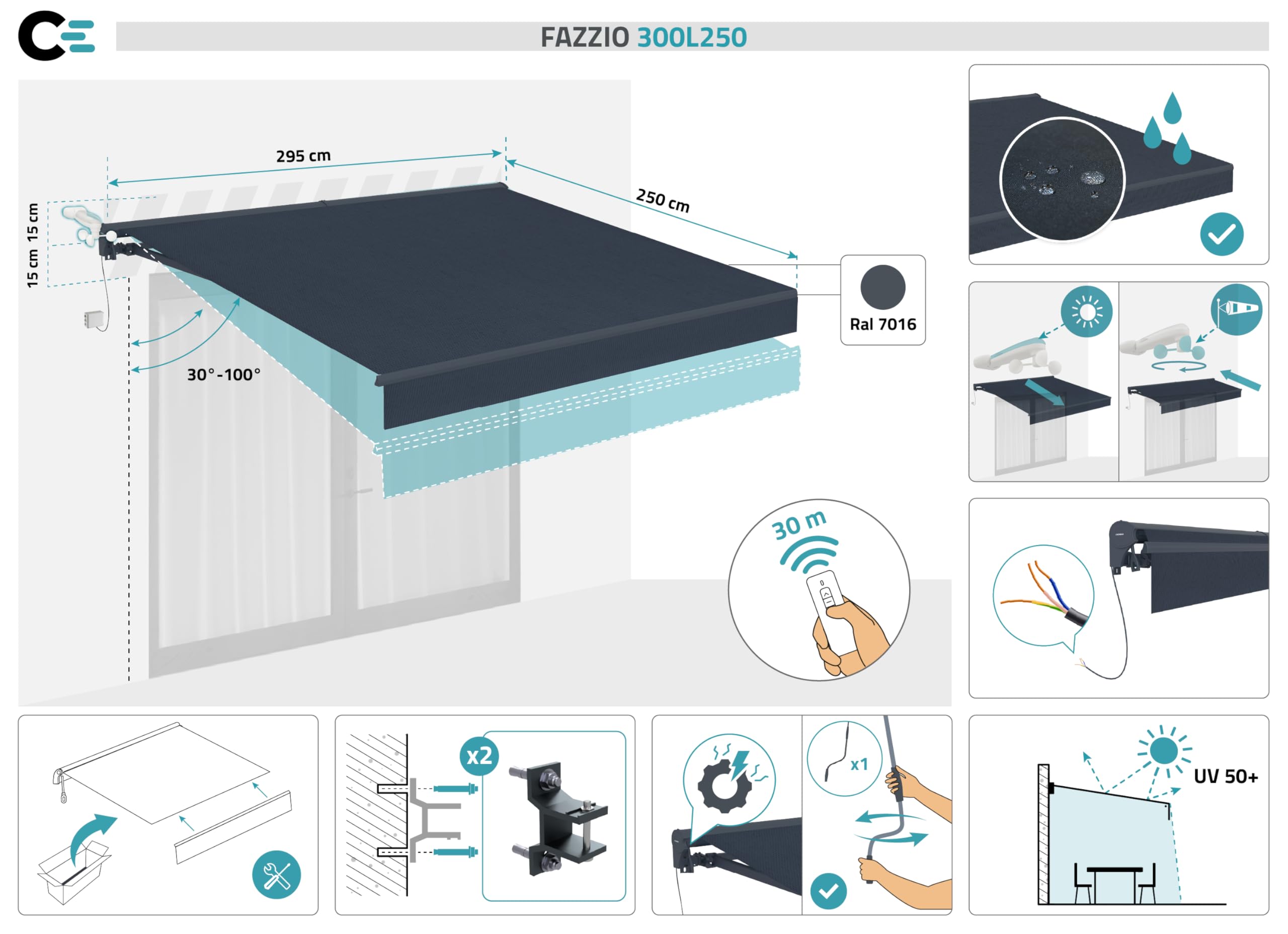 Cazeboo Tenda da sole motorizzata semicassonata FAZZIO 3x2,5m grigia con fissaggio a soffitto