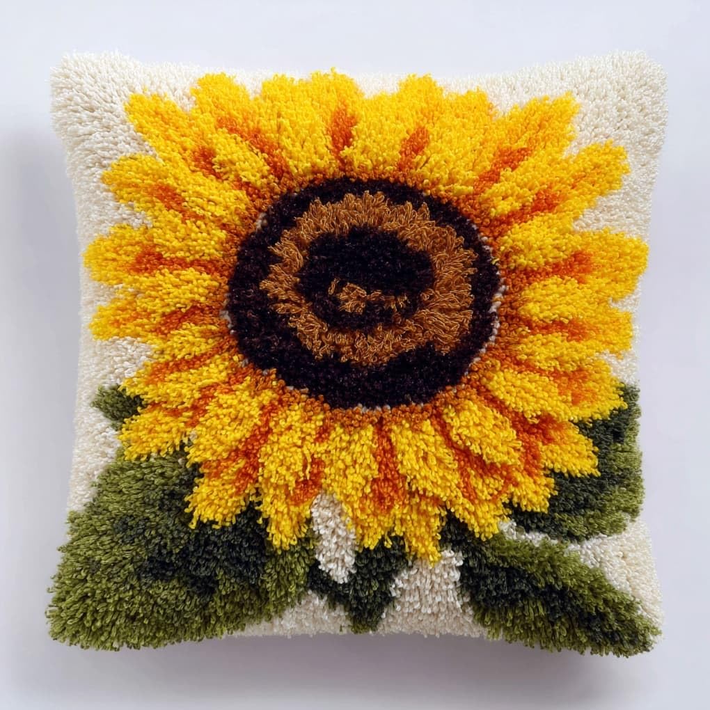Henypt Latch Hook Cushion Kits for Adults 43x43cm,Sunflower Creative Latch Hook Pillow Case Kit for Christmas Home Sofa Decoration