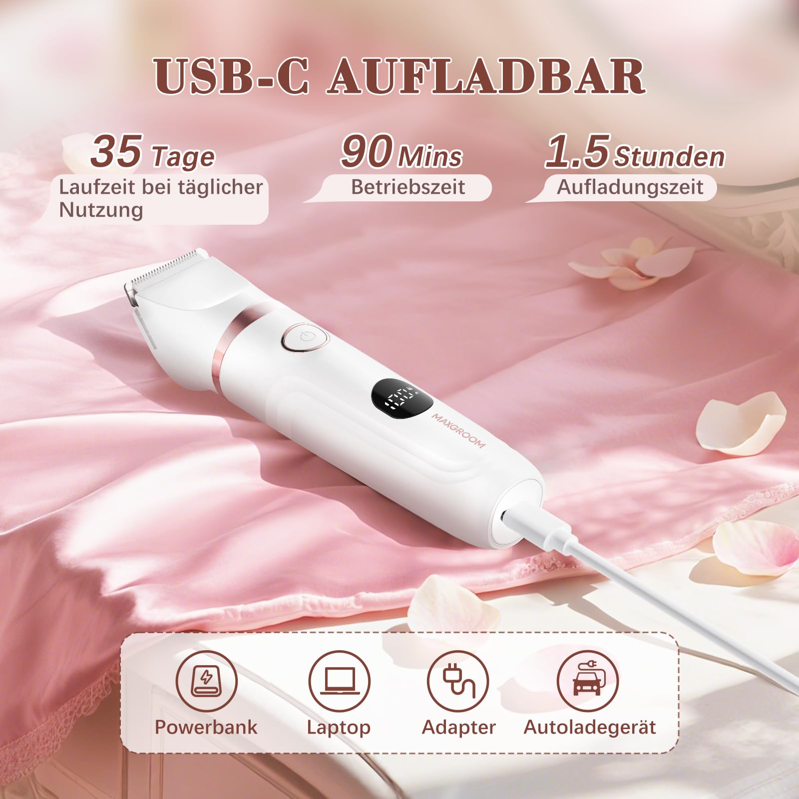MAXGROOM 3-in-1 Intimrasierer für Frauen,Akku Elektrischer Rasierer Damen Intimbereich mit LED Nass-Trocken Damenrasierer Elektrisch,Bikini Trimmer Damen Intimbereich