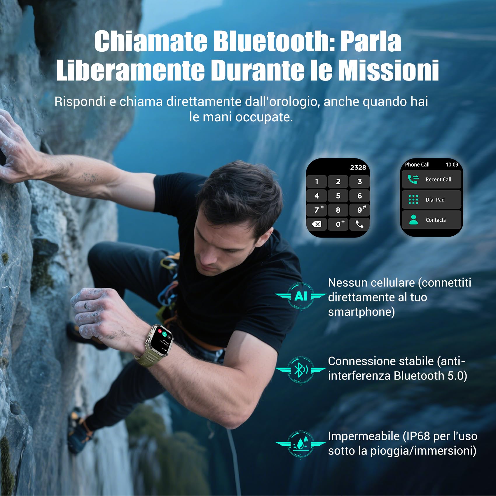 IOWODO Smartwatch Uomo Militare 2.01" con Chiamate Bluetooth, Batteria 900mAh Grande, Torcia LED, Bussola, IP68 Impermeabile, Monitoraggio Cuore/Ossigeno/Sonno, 123 Modalità Sportive, 2 Cinturini