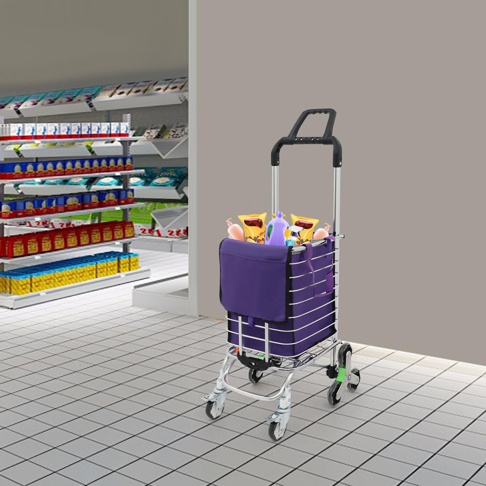 Carrello per la spesa pieghevole con ruote, capacità 35 l, viola, carrello per il trasporto, leggero, in lega di alluminio, per visite al supermercato e viaggi