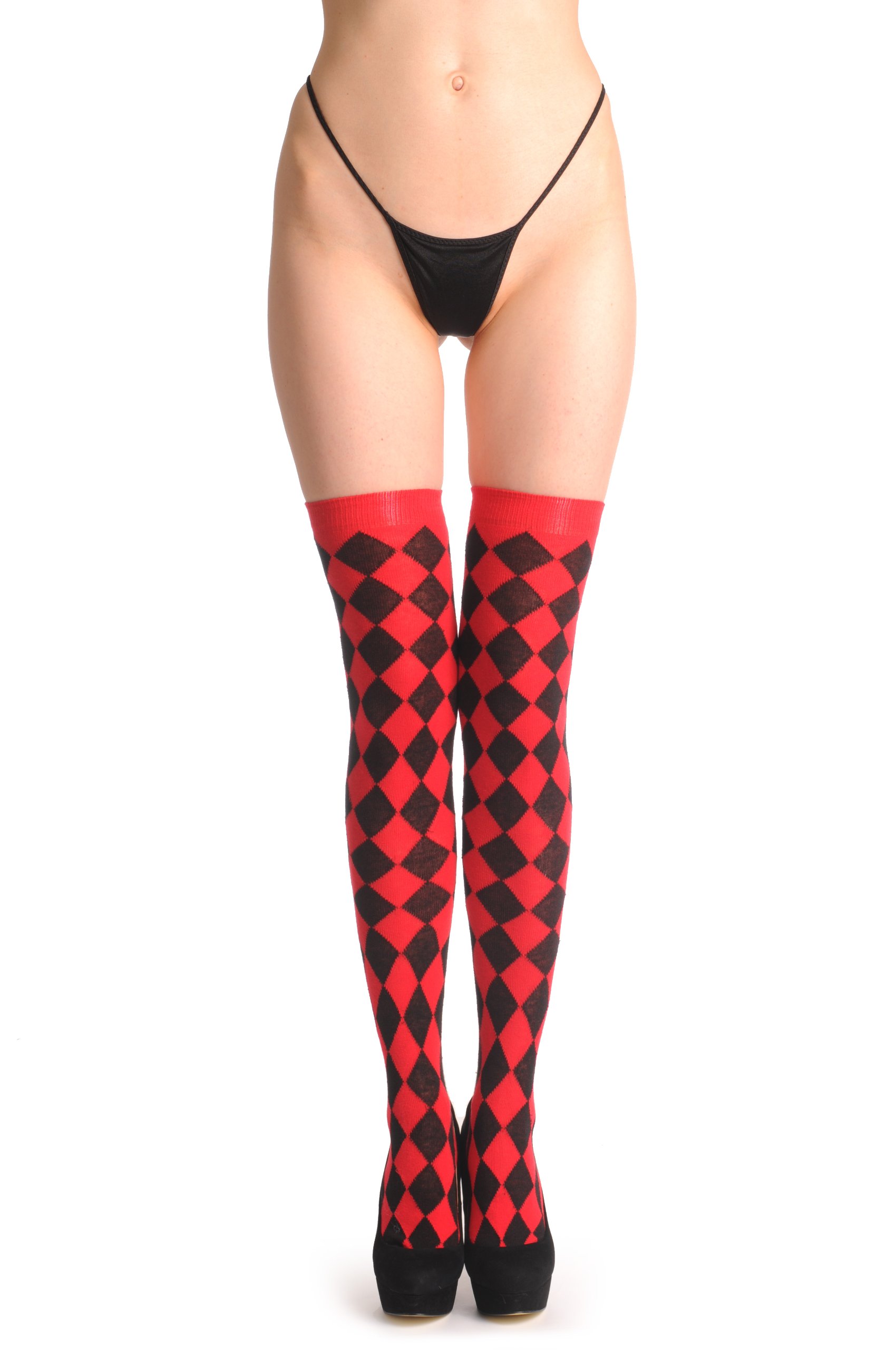LissKiss Red & Black Checkered Diagonal - Red Checkered Over The Knee Socks