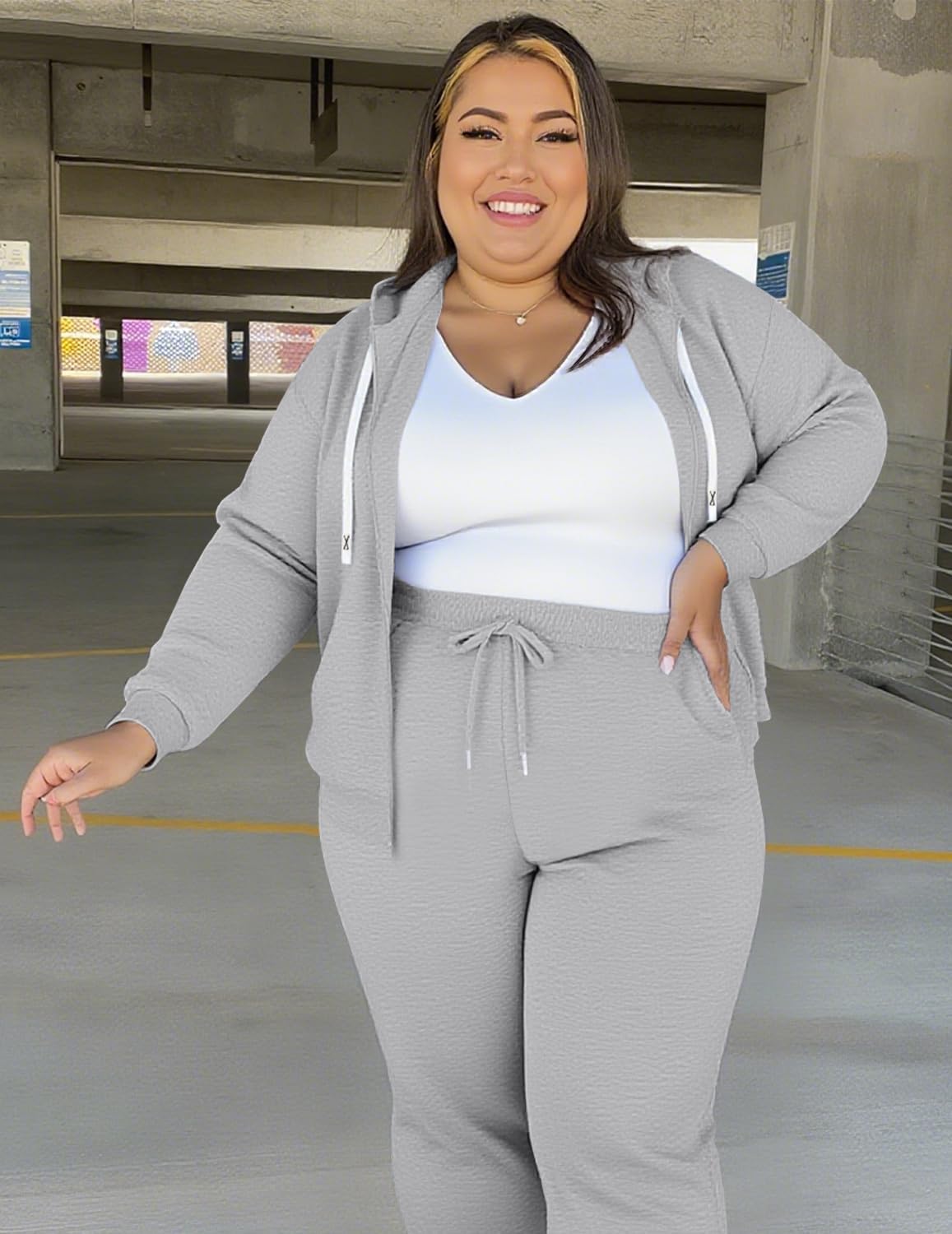 UOUA Plus Size Womens 2 Piece Sweatsuits Outfits Zip Up Jackets & Wide Leg Sweatpants Casual Loungewear Tracksuit Sets - Image 3