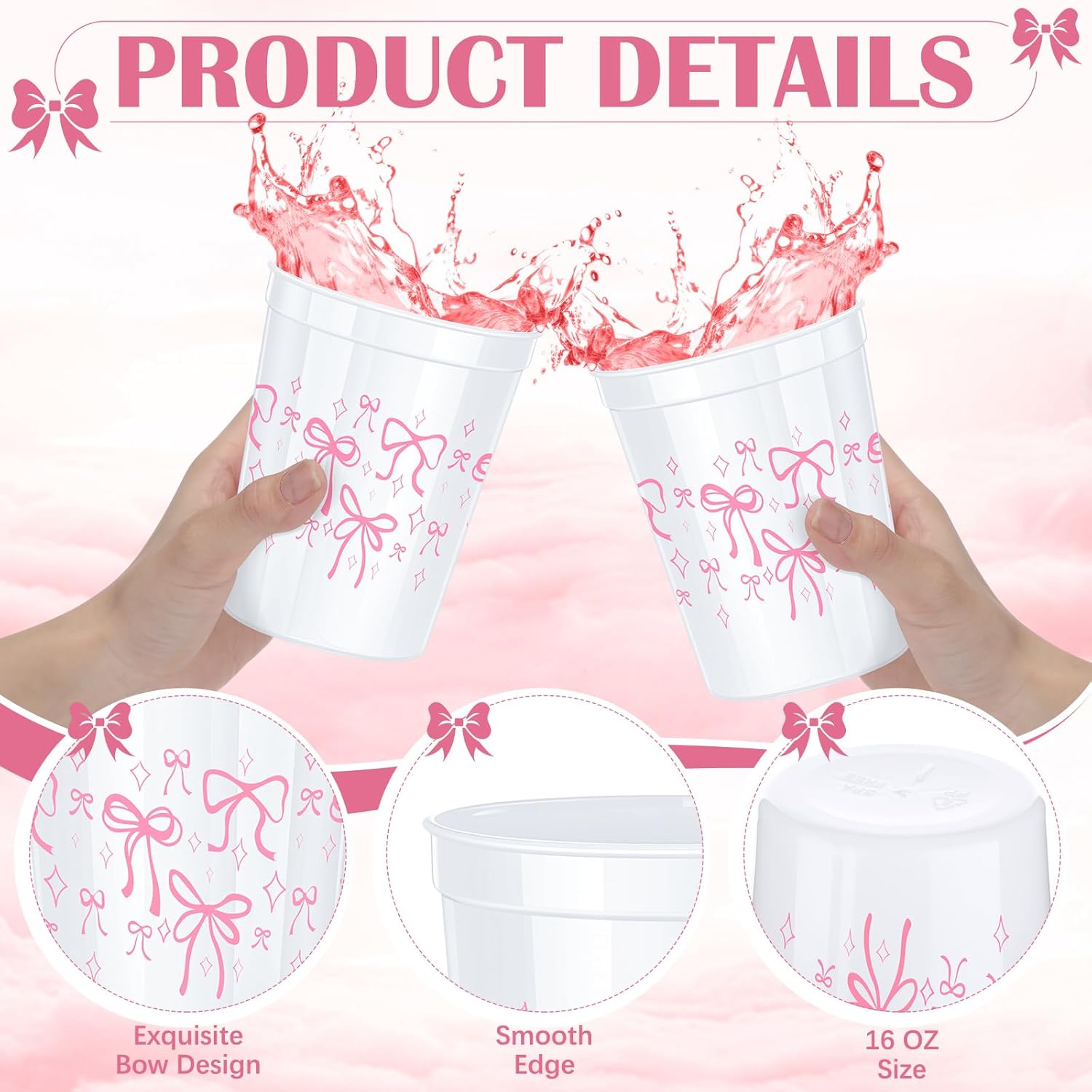 Qinyoung 24 Pcs Pink Bow Coquette Plastic Cups, 16 oz Reusable Cups Bow Themed Birthday Decorations for Bachelorette Wedding Baby Shower Party Favor - Image 3