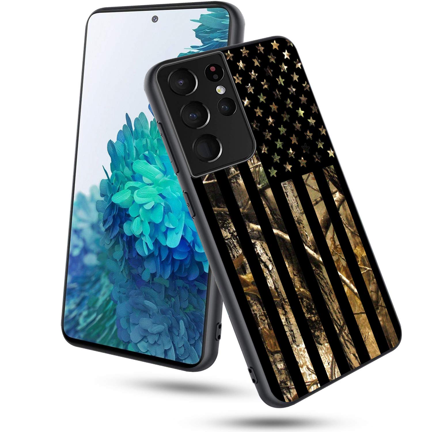 CICPLKSE for Galaxy S21 Ultra Case,Soft Silicone Rubber Bumper Case Full Body Protection Shockproof Cover Case Drop Protection for Samsung Galaxy S21 Ultra 6.8 inch,Camo Forest American Flag