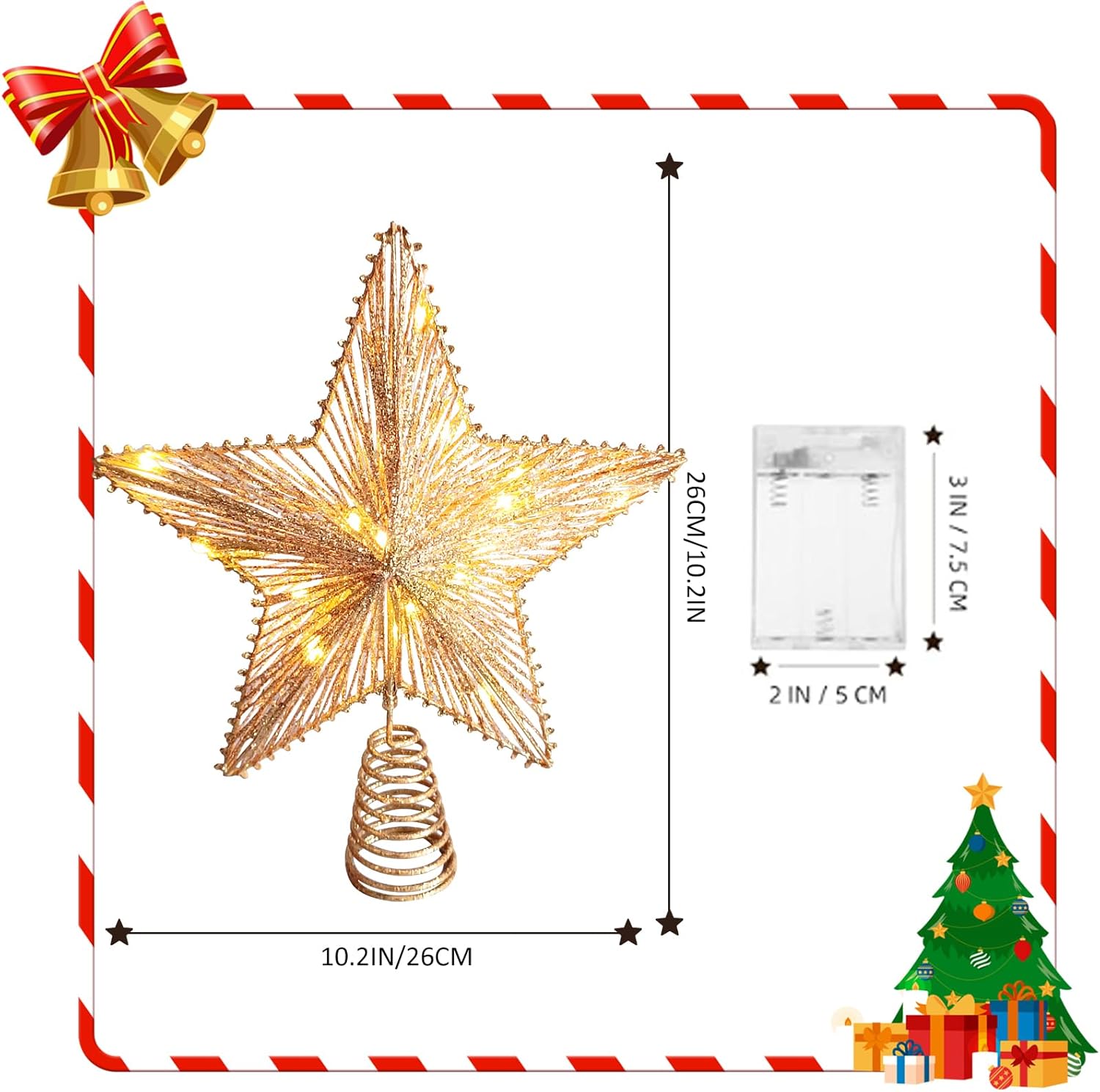 Christmas Tree Topper 10 Golden Glittered Star Tree Topper with 30 LED Lights Xmas Tree Topper Star for Xmas Decorations Ornaments Holiday Party Indoor Decor