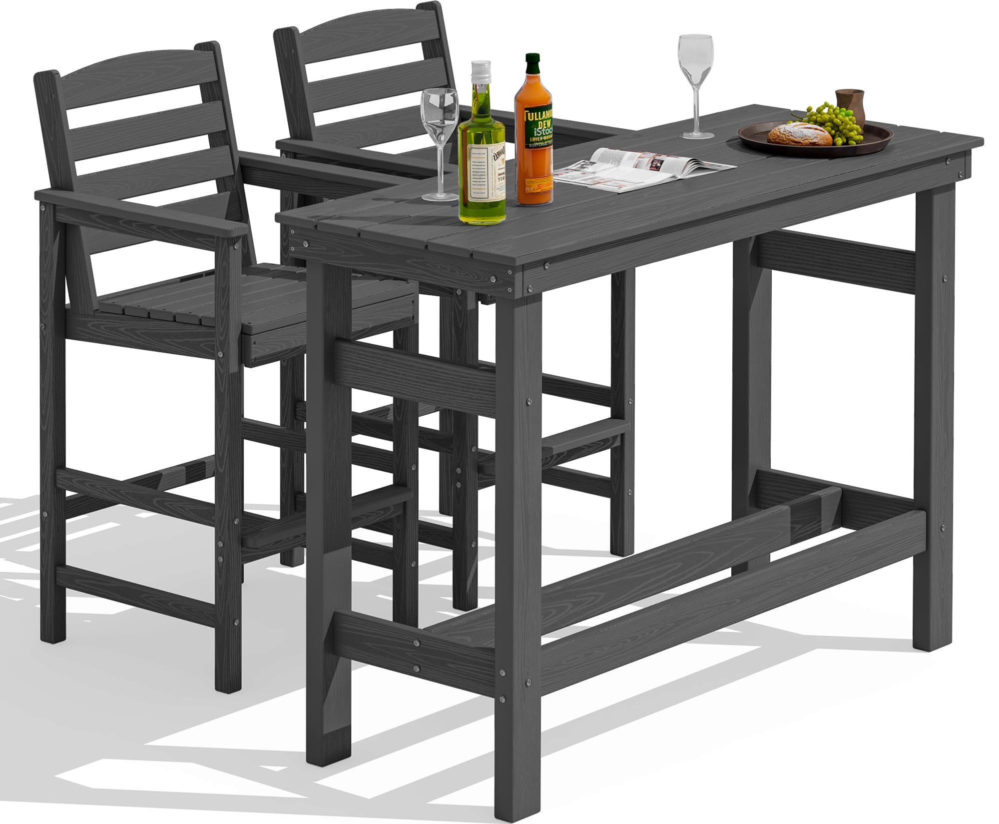 SERWALL Outdoor Bar Set - HDPE All-Weather Adirondack Bar Chairs and Bar Table with Umbrella Hole, Grey
