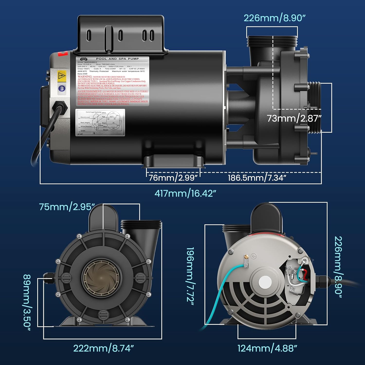 Mxmoonant SPA Pump, 4HP 220-240V Hot Tub Pump 2 Speed SPA Bathtub Pumps Motor 2" Plumbing 56 Frame Motor