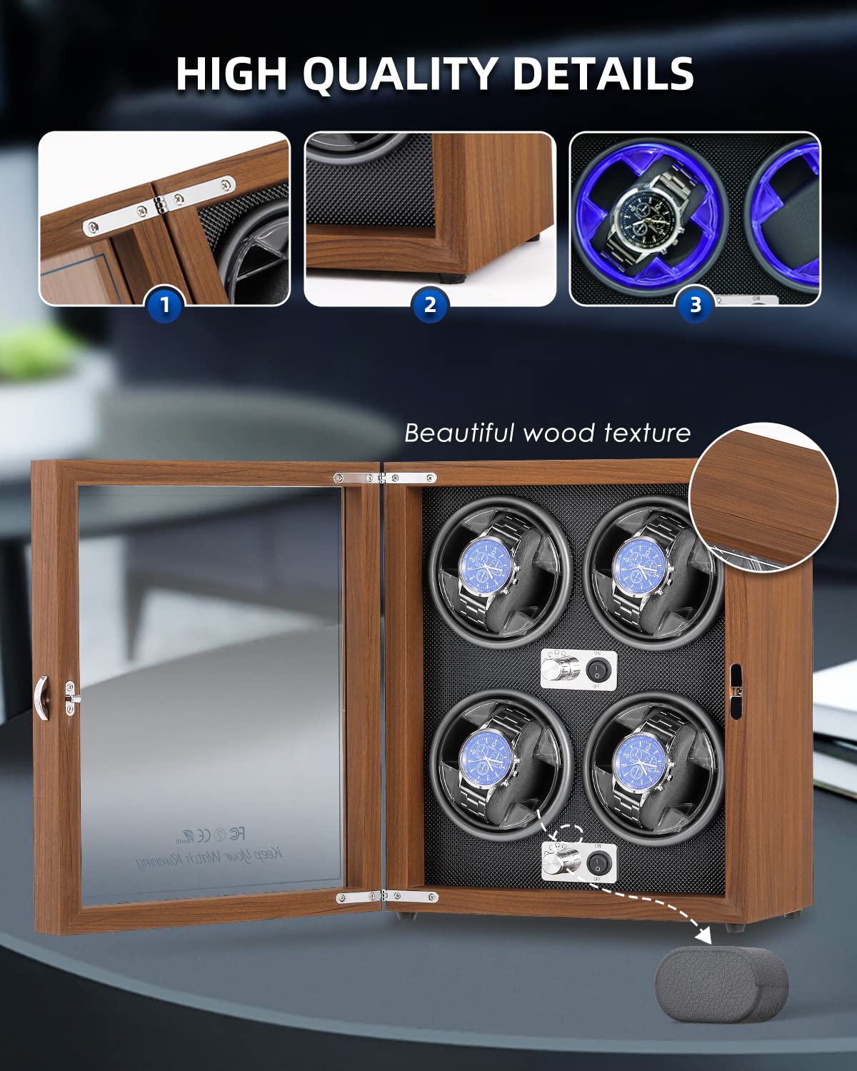 Mxmoonant Enrollador automático de relojes para 2/3/4, 5 modos de rotación con motor silencioso alimentado por USB con luz LED, silencioso y elegante, caja de almacenamiento de relojes