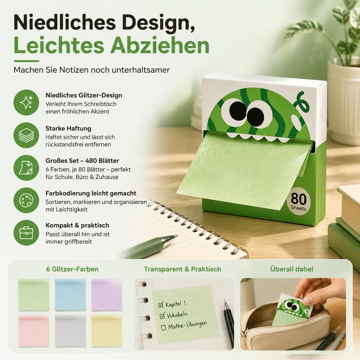 Sticky Notes Glitter Monster, 2027 NEU Pull Out Transparent Sticky Notes Glitter, Reusable for Book Annotation Studying, Make Your Notes A Litte More Sparkly (12pcs-A)