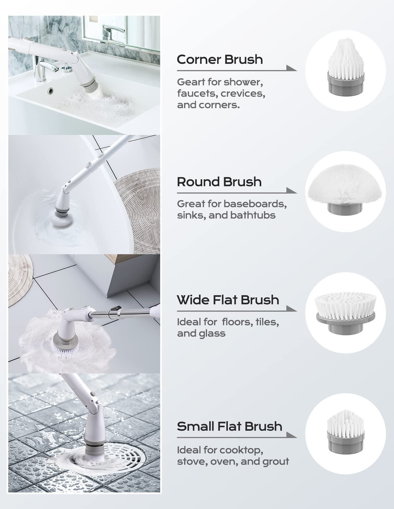 Electric Spin Scrubber, Eletalker Cordless Cleaning Brush with Adjustable Extension Arm and 4 Replaceable Head, 2 Speeds, Fast Charging, Shower Scrubber for Bathtub Tile Sink Bathroom Kitchen Grout