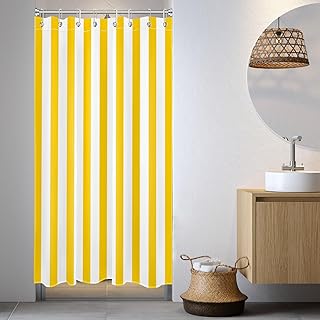 Small Stall Shower Curtain 48 x 68 inch, Yellow White Striped Half Size Shower Curtain Liner, Modern Farmhouse Narrow Shower Curtain for Bathroom Decor, 48 inch Fabric Shower Curtain Set with Hooks