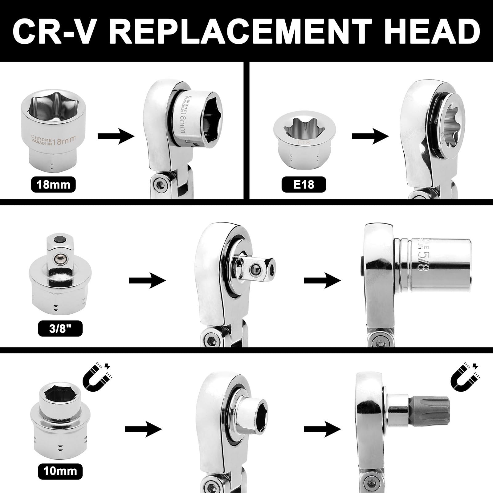 Mayouko Set di 27 chiavi a cricchetto con testa flessibile extra lunga, chiave da 14 e 19 mm, set di chiavi a cricchetto con testa di ricambio tipo E da 8-22 mm, 72 denti, acciaio CR-V