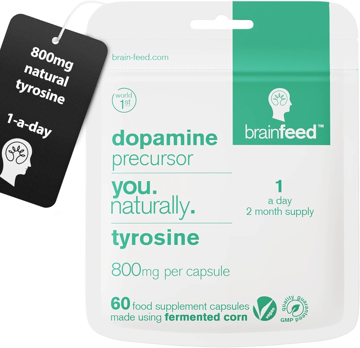 Dopamine Supplements | Natural L Tyrosine Supplement 800mg | 1-A-Day L-Tyrosine High Strength Capsules (60) | Dopamine Brain Food Nootropic | Alertness & Motivation | Vegan | 2-Month Supply