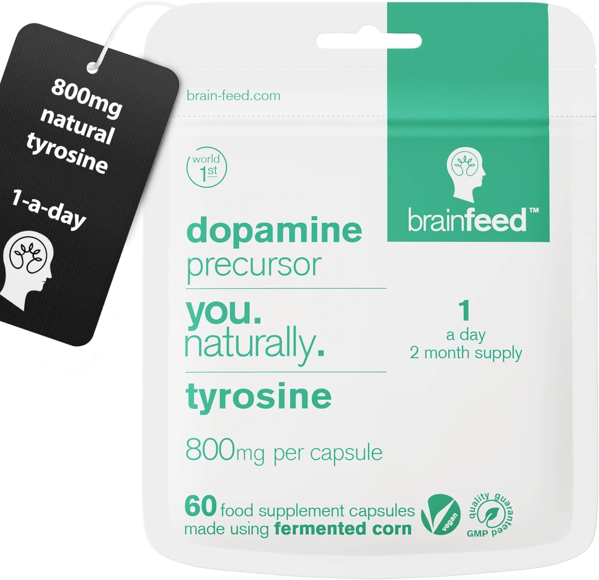 Dopamine Supplements | Natural L Tyrosine Supplement 800mg | 1-A-Day L-Tyrosine High Strength Capsules (60) | Dopamine Brain Food Nootropic | Alertness & Motivation | Vegan | 2-Month Supply