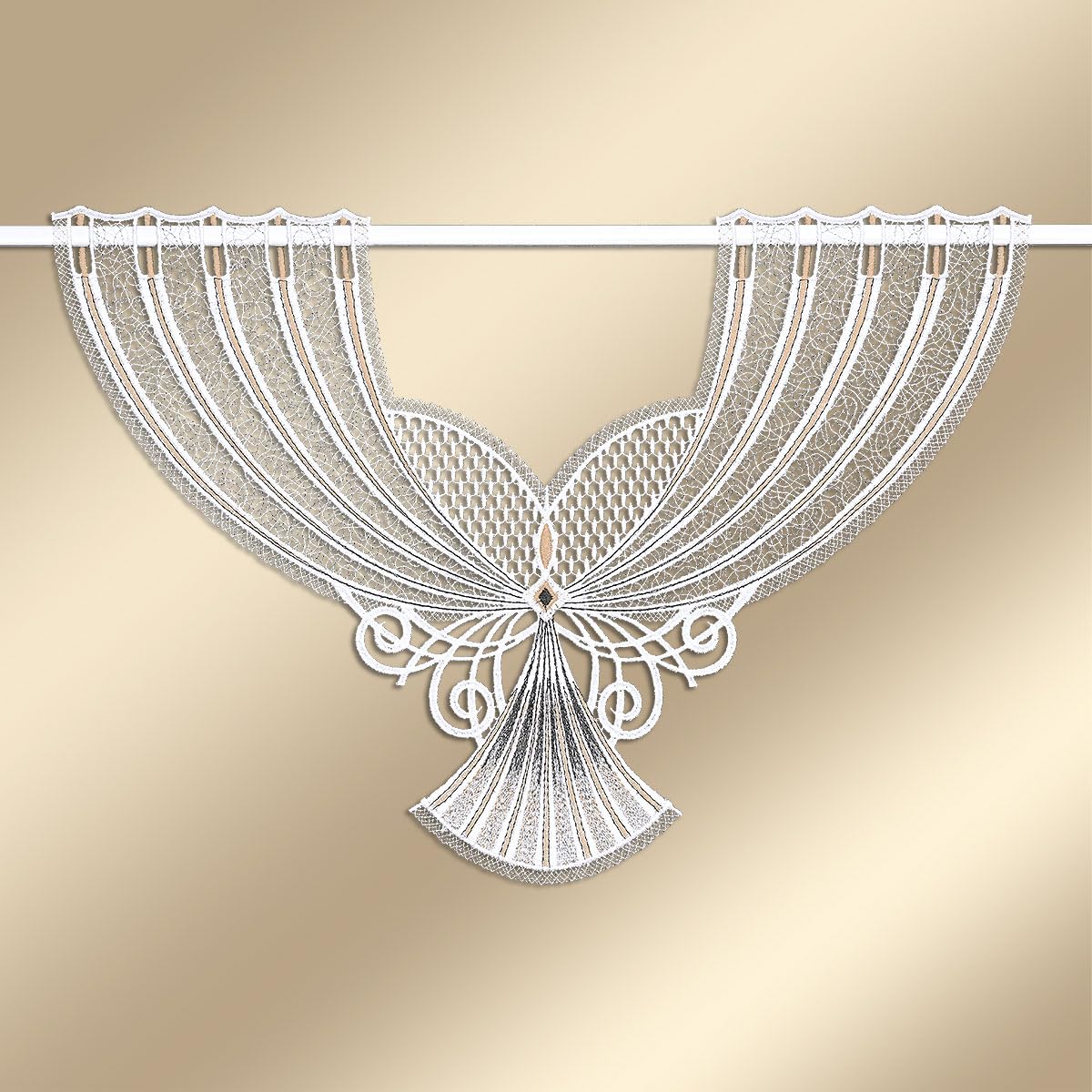 Scheibenhänger Aluna Echte Plauener Spitze Moderne Fächerspitze in weiß, beige und anthrazit Klassische Spitzengardine mit Ornamenten 31 x 44 cm