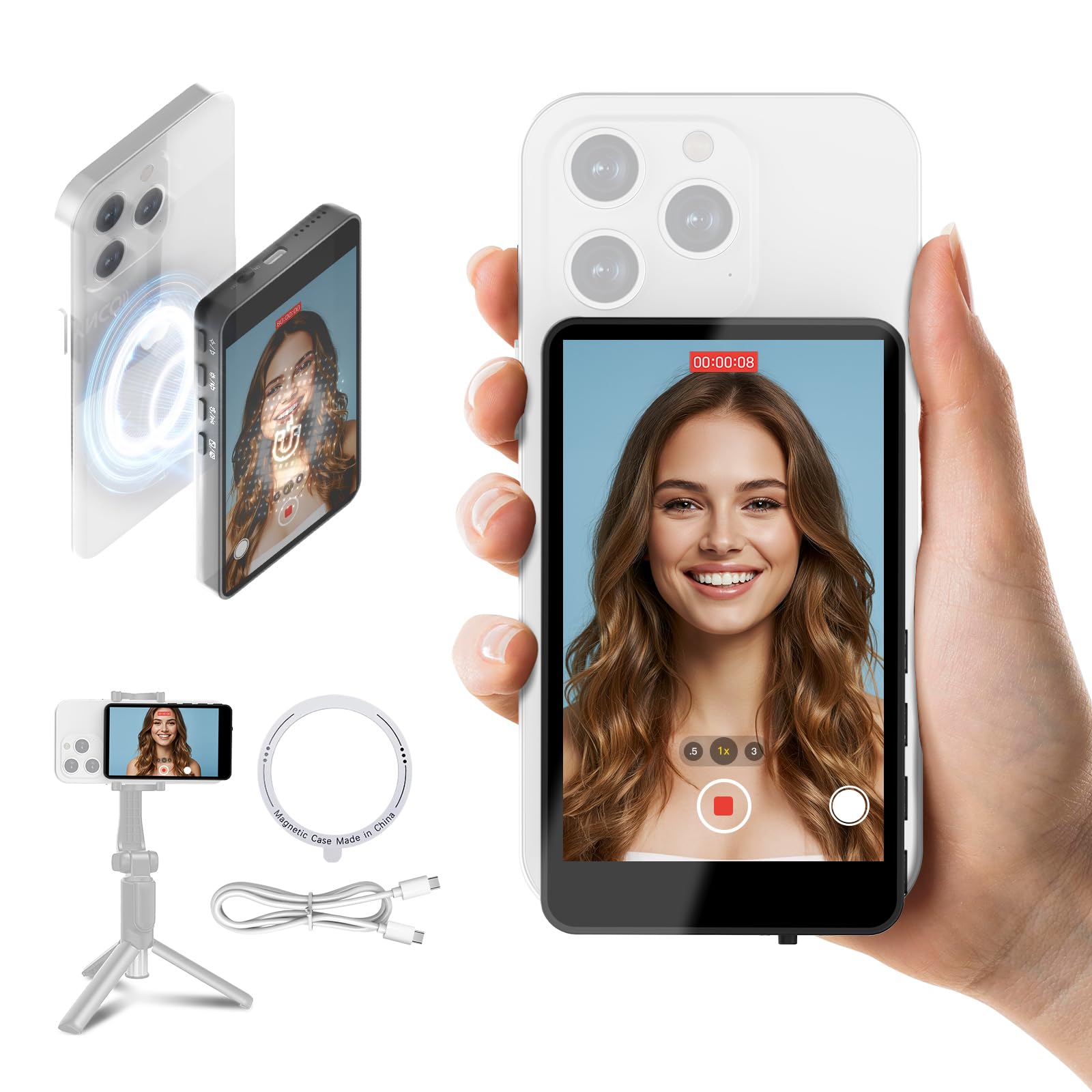 SYNCO XView Vlog Selfie Monitor Schermo 4K per iPhone e Android, Wireless Magnetico Telecamera Posteriore Phone Monitor con Gamma 164FT, Batteria 3H, Altoparlante Integrato per Youtube TikTok Live