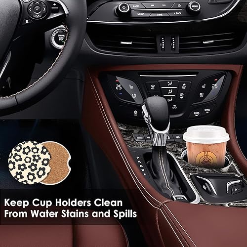 Miniatura 2 de Paquete de 2 posavasos abstractos para automóvil con margaritas negras absorbentes de 2.56 pulgadas, estilo vintage hippy de los años 70, diseño