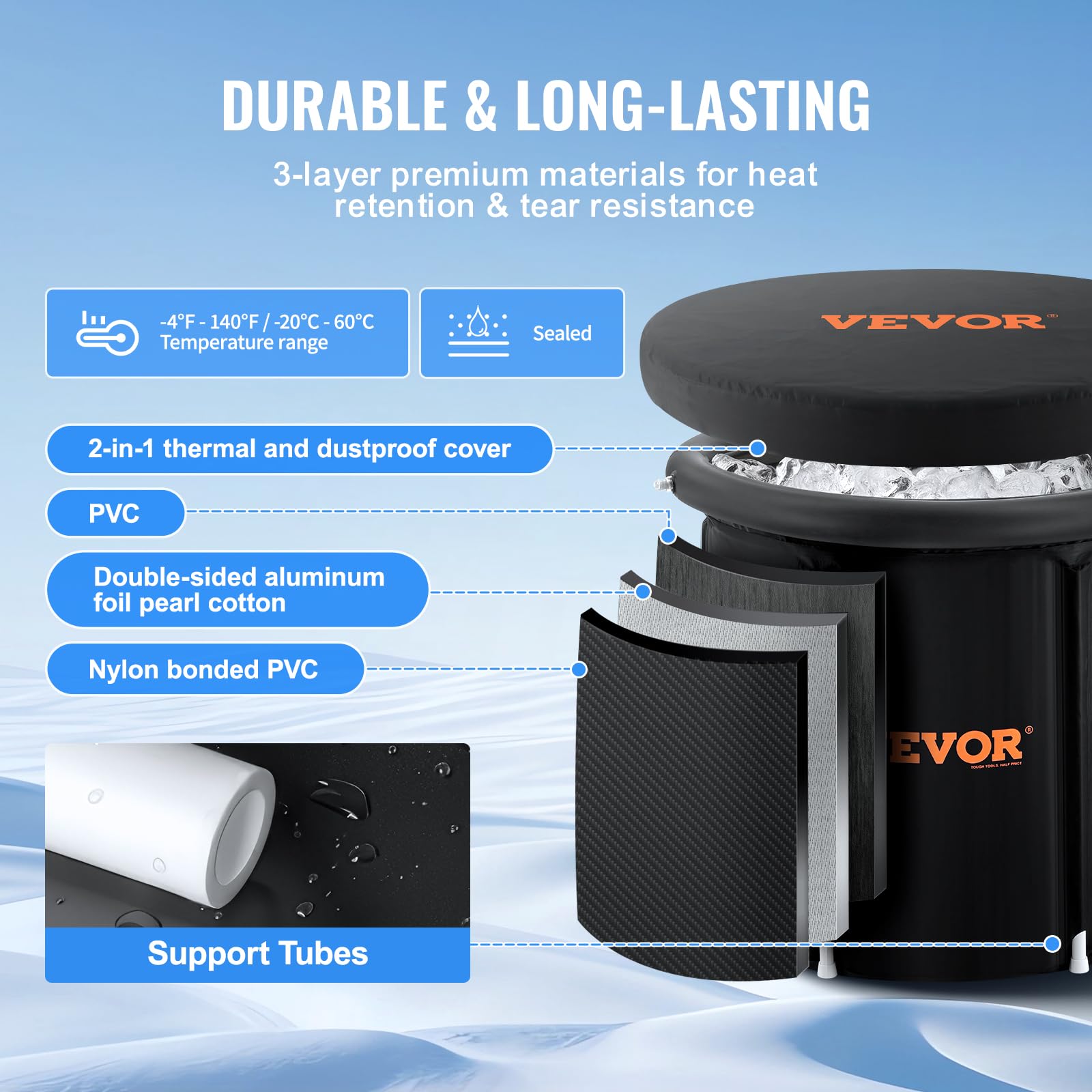 VEVOR Bain Froid Portable 90 x 75 cm 370 L, Baignoire Gonflable Pliable, Seau Bain de Glace pour Sportifs, Thérapie par Eau Froide, avec Couvercle, pour Adulte, Extérieur, Maison, Salle de Sport