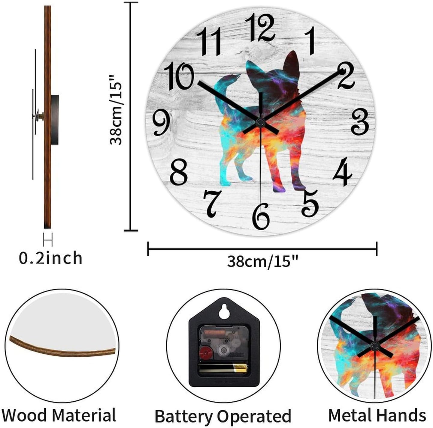 Chihuahua Wall Clock Wood Clock,Dog Mom Gift Round Wooden Clock Gifts Novelty Wall Clock for Home Kitchen Living Room Office 15 X 15 Inch