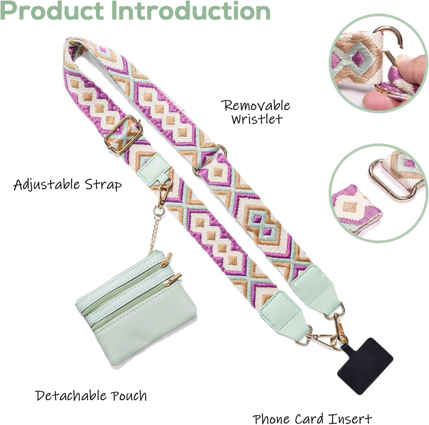 Clip and Go Phone Strap with Wallet Crossbody, Phone Chain Cross Body with Detachable Zippered Pouch, Lanyard with Purse, Adjustable Mobile Strap (Black+White+Green+Leopard)