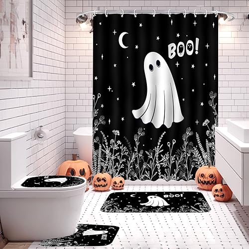 Miniatura 6 de Mocsicka Juego de 4 cortinas de ducha de Halloween, juego de cortinas de ducha de fantasmas espeluznantes negras con antideslizante, lavable,