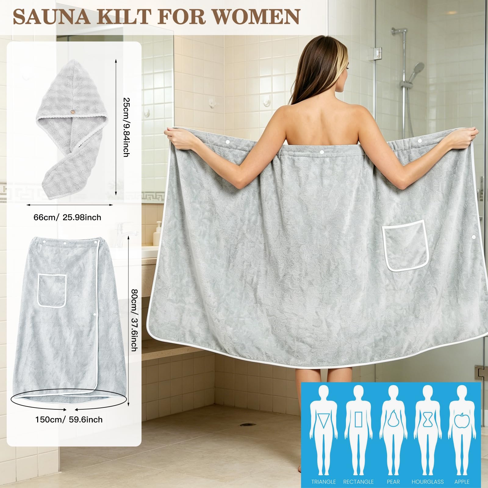 80x150 cm Kilt da Sauna Donna, Asciugamano da Sauna con Chiusura Regolabile a Bottoni e Tasche, Asciugamano per Capelli Accappatoio da Sauna da Donna per Doccia, Spiaggia, Piscina, Spa