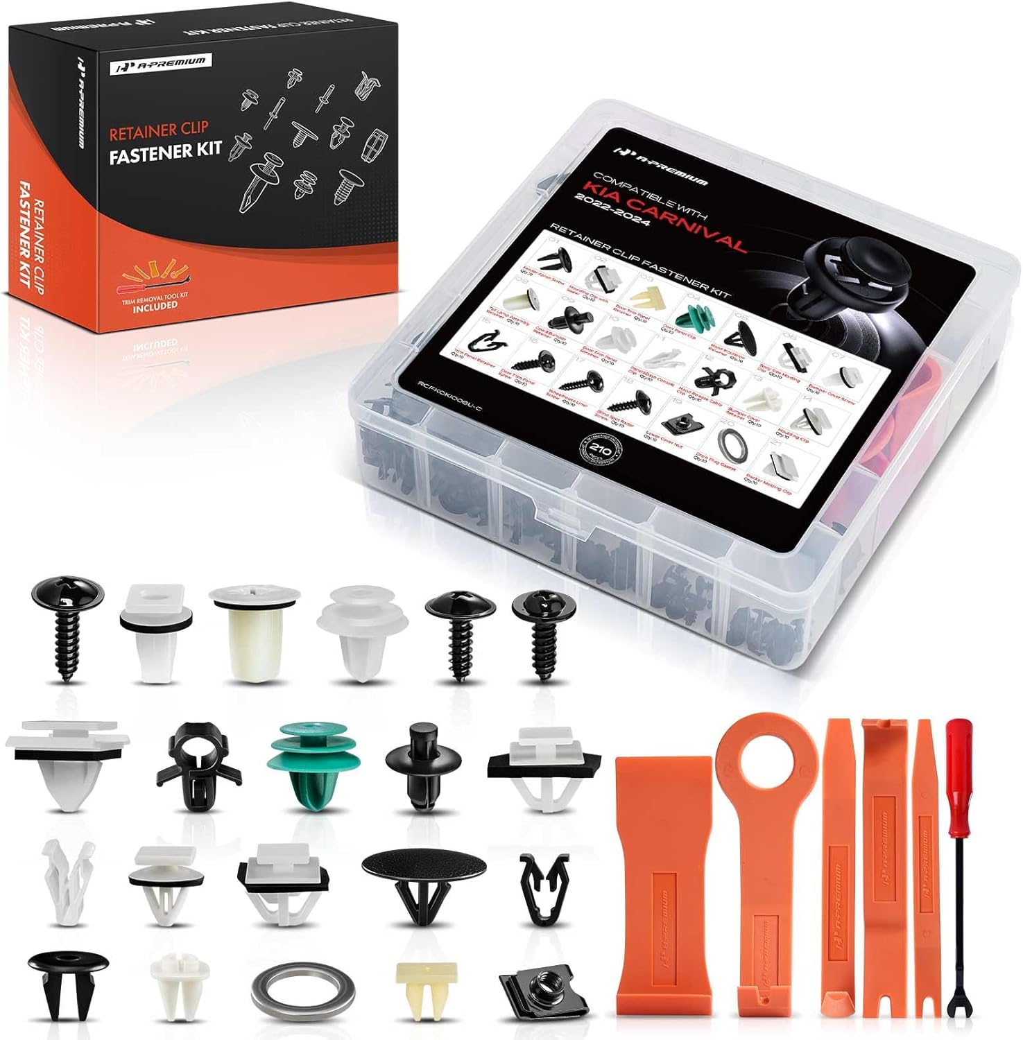 A-Premium 210-Pack (18-Type) Car Retainer Clip Kit Compatible with Kia Carnival 2022 2023 2024 Bumper Fender Auto Push Pin Plastic Rivet Fastener Replacement Set, w/Removal Tool