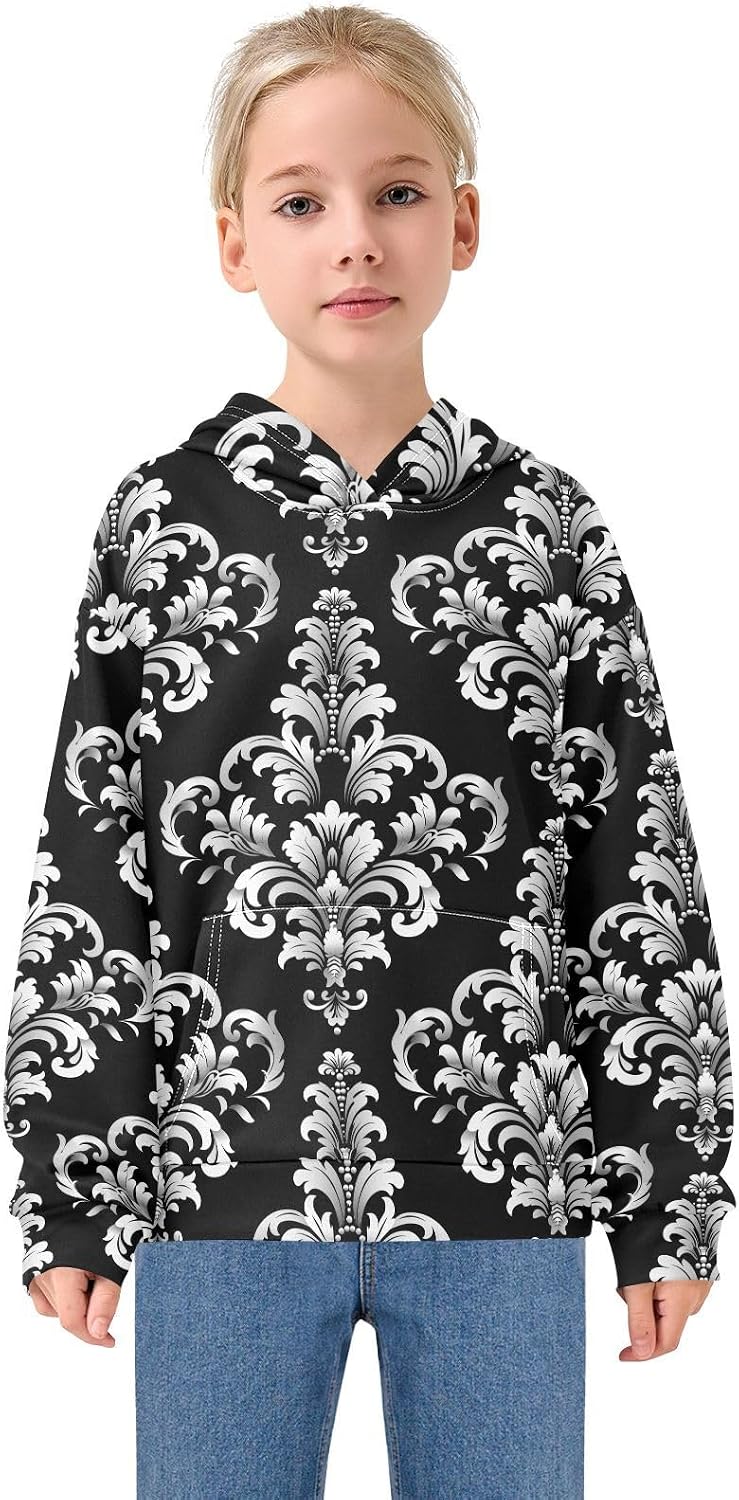 ALAZA Classical Damask Ornament Hoodies Sweatshirt for Boys Girls Kids Hooded Pullover Top