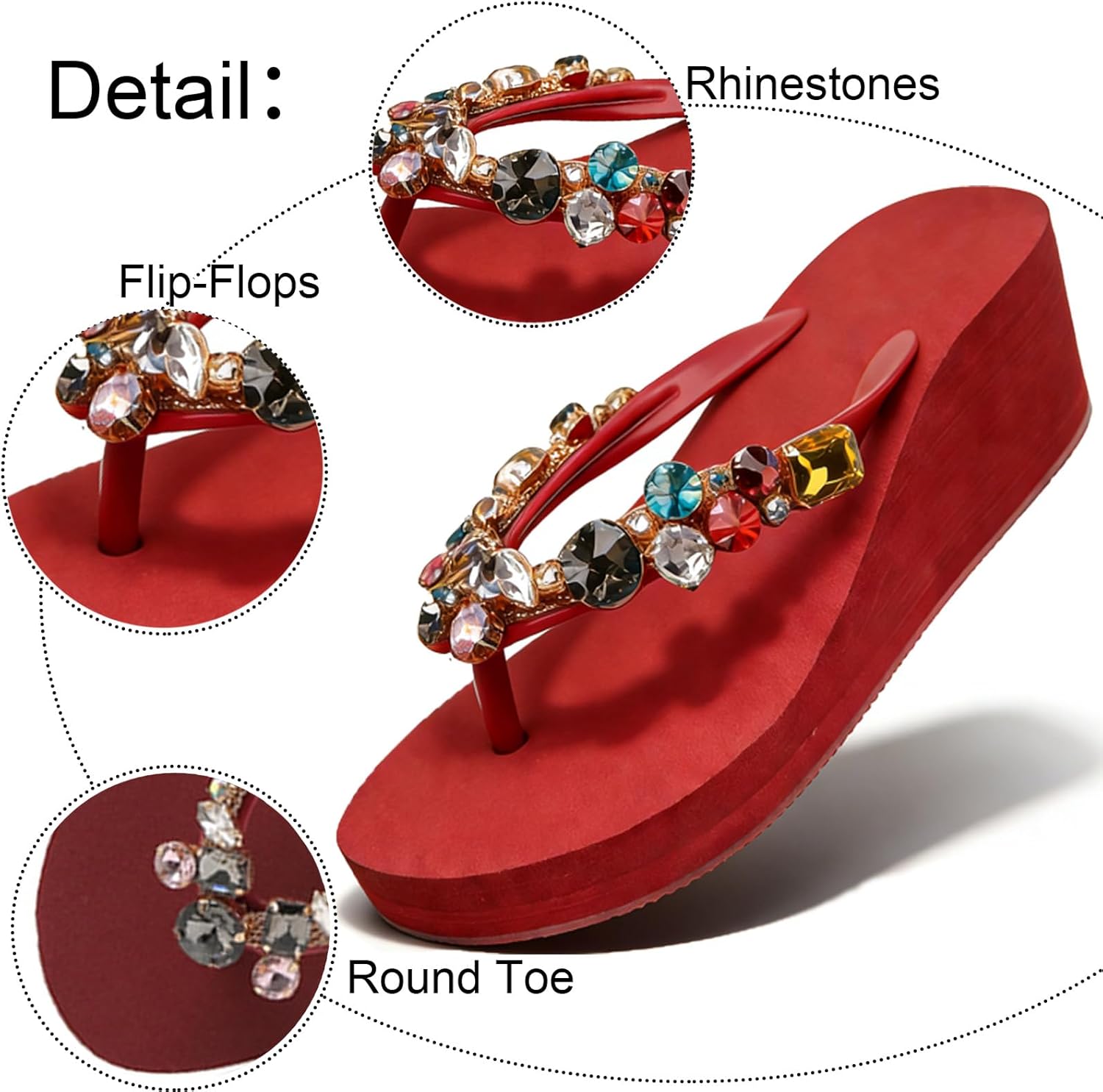 Women's EVA Wedges Heel Boho Flip Flop with Rhinestones Fashion Round Open Toe Sparkly Platform Thong Sandals for Outdoor Summer Beach Walking Shower Indoor