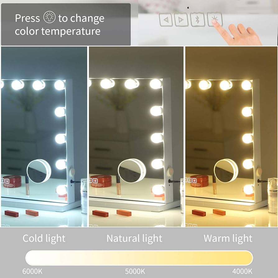 Vanity mirror Bluetooth with touchscreen buttons to change 15 light bulb colors