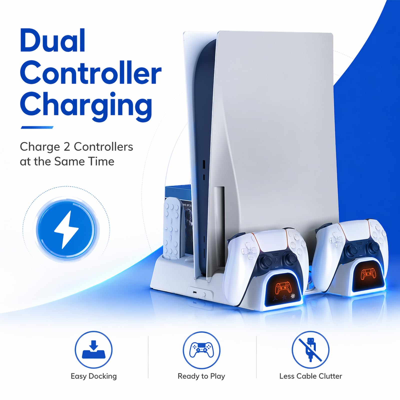Stazione di raffreddamento per PS5/Slim/Pro/Disc e digitale, supporto di raffreddamento bianco con stazione di ricarica doppio controller PS5, ventola di raffreddamento a 3 livelli, slot multifunzione