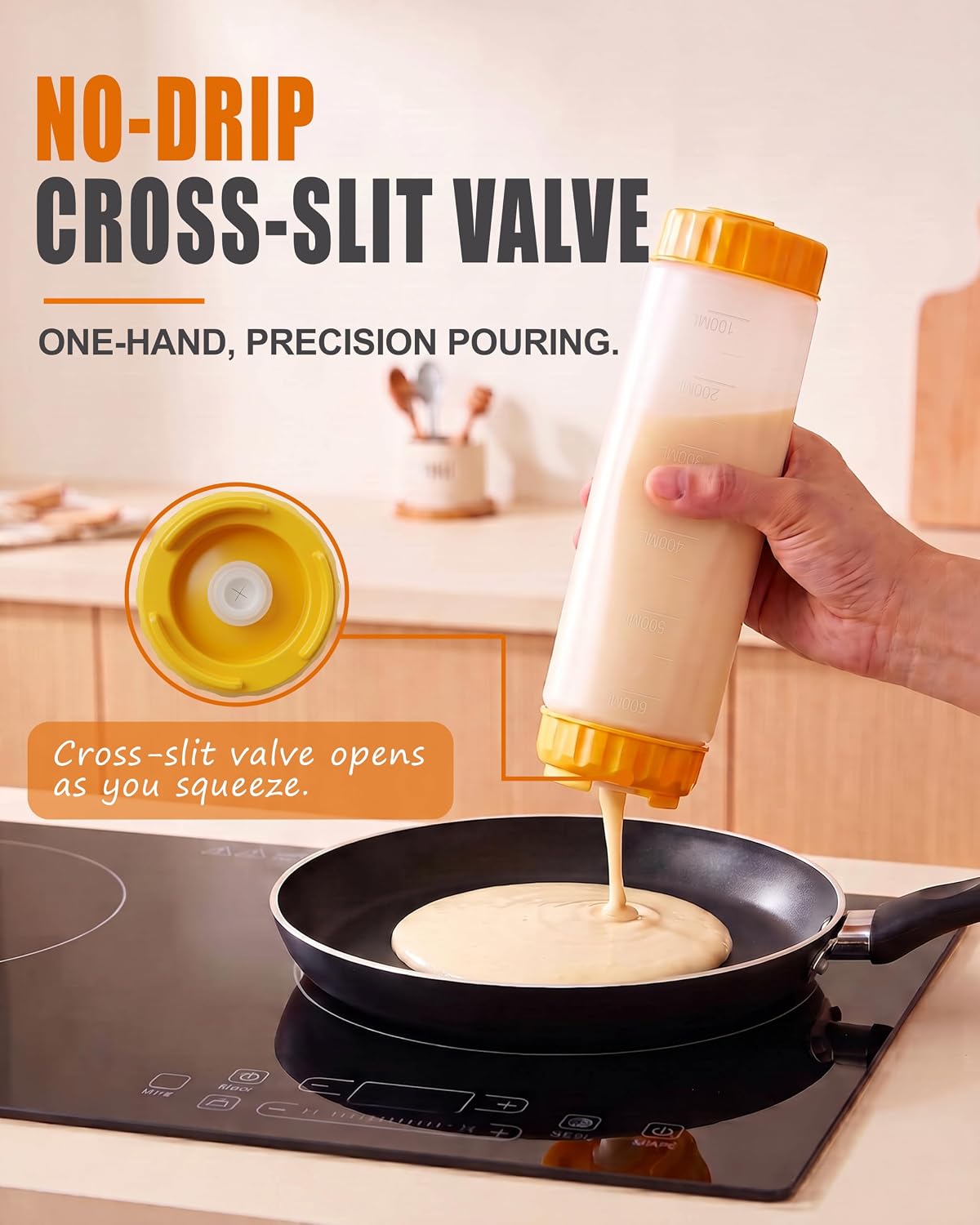2PCS Pancake Batter Dispenser Bottles, Leakproof Cross-Slit Valve