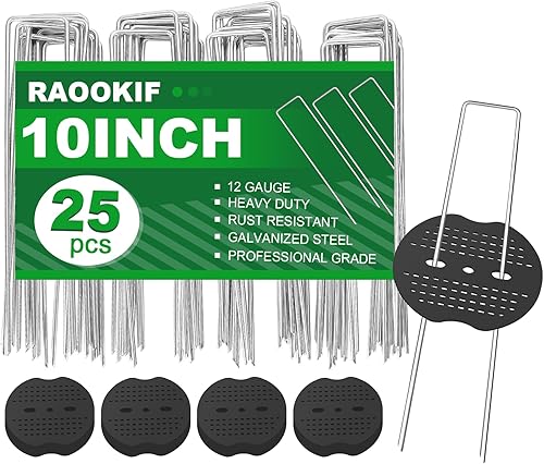 RAOOKIF Landscape Staples 10 Inch, 12 Pcs Galvanized Landscape Stakes with 12 Pcs Gaskets, 11 Gauge Heavy Duty U-Shaped Garden Staples for Weed Barrier Fabric, Tent, Lawn, Fence, Outdoor Decor