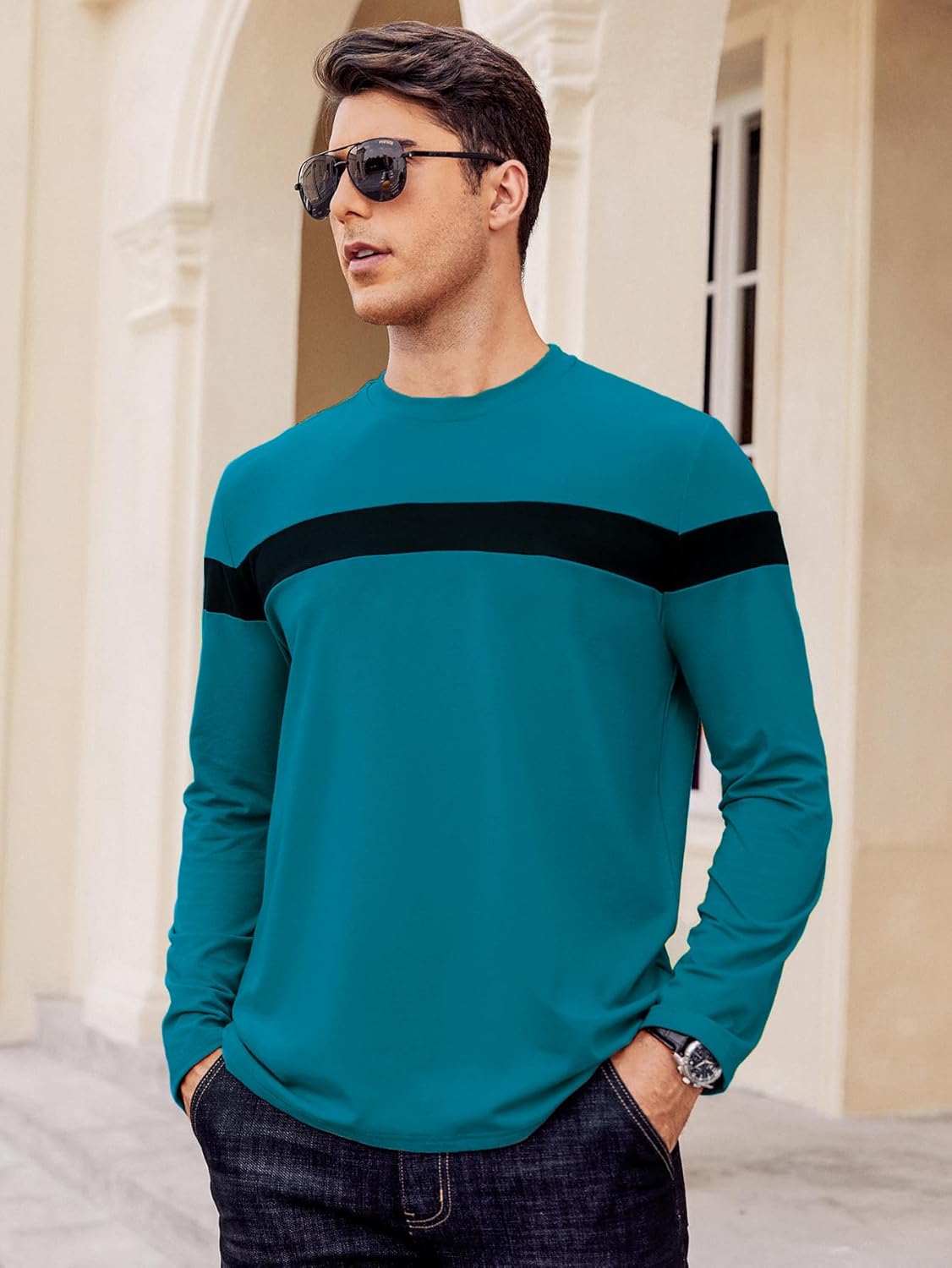Hardaddy Men's Long Sleeve Tee Shirts Color Block Pullover Casual Basic T-Shirts - Image 2