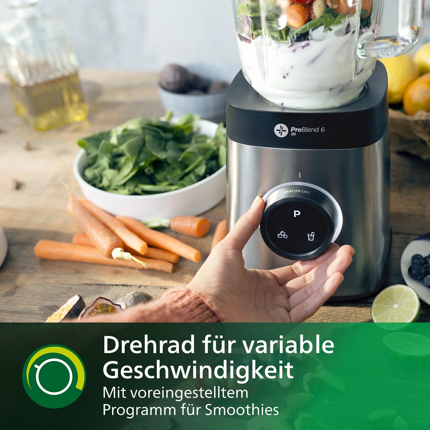 Philips Standmixer und Smoothie Maker – 1400W, 2-Liter-Glasbehälter, Rezepte-App, variable Geschwindigkeit, ProBlend 6 3D, 2 Trinkbecher (HR3655/00)